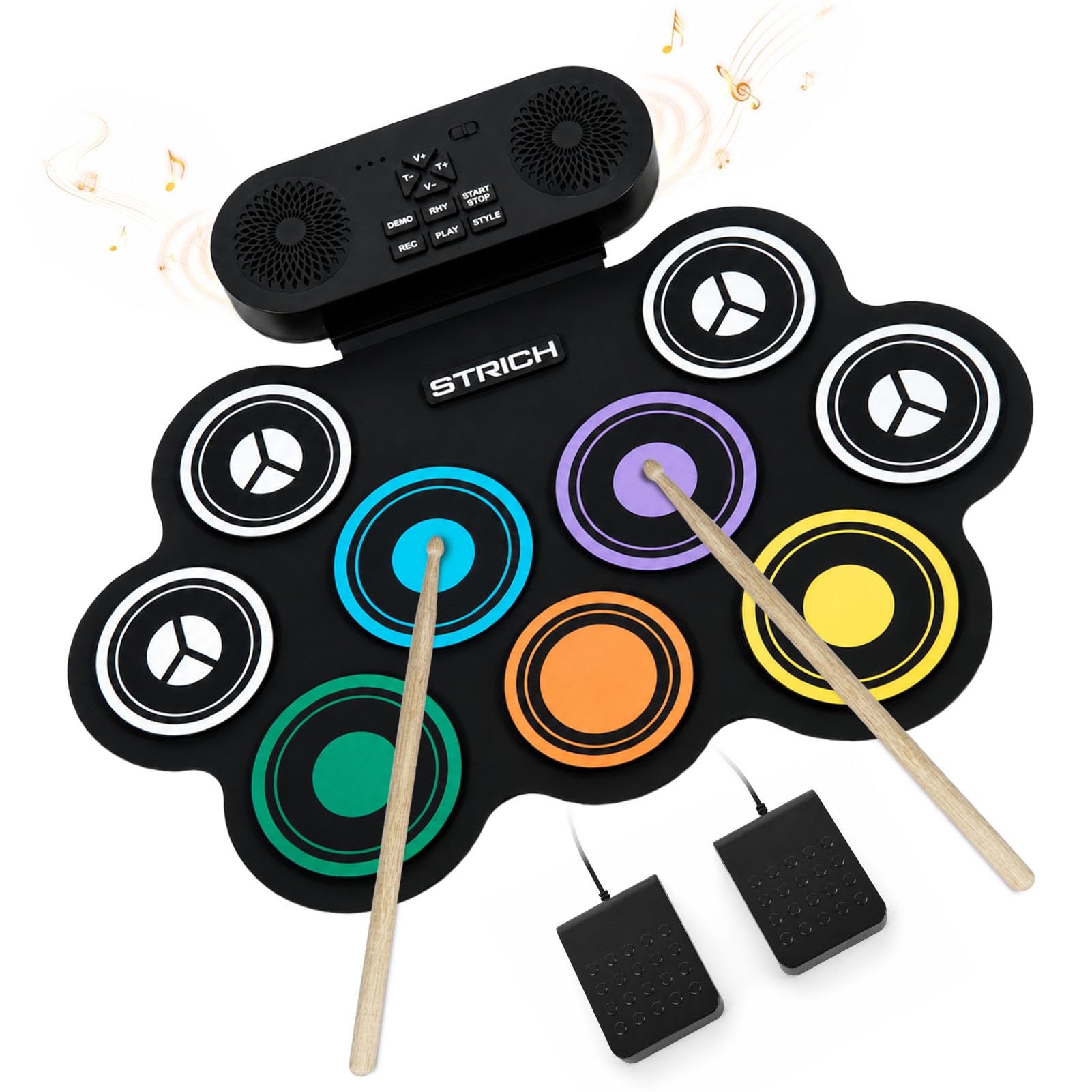 STRICH Set de Batería Electrónica, Almohadilla de Práctica de Batería Enrollable de 9 Pads, Pad de Batería Eléctrica Portátil con Altavoz Integrado, Pedales y Baquetas, 10 Horas de Uso (SED-K10)