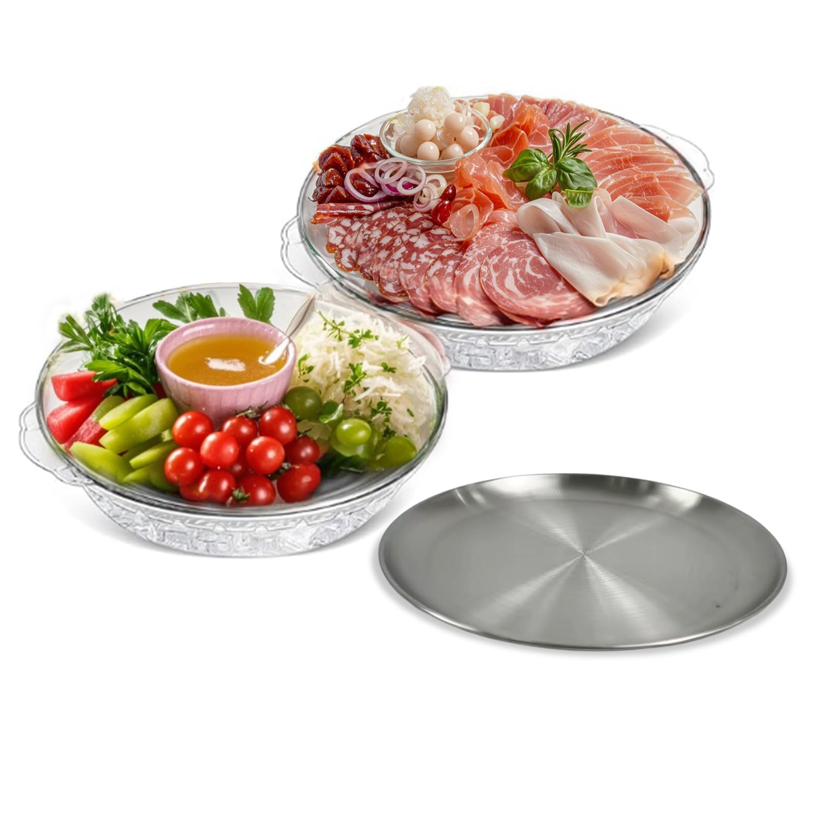 JAMESVAN 3 Set 11.8" Chilled Serving Tray for Parties Ice Chilled Party,Cold Food Buffet Server for Fruit, Vegetable, Appetizer, Shrimp,3 Metal Tray