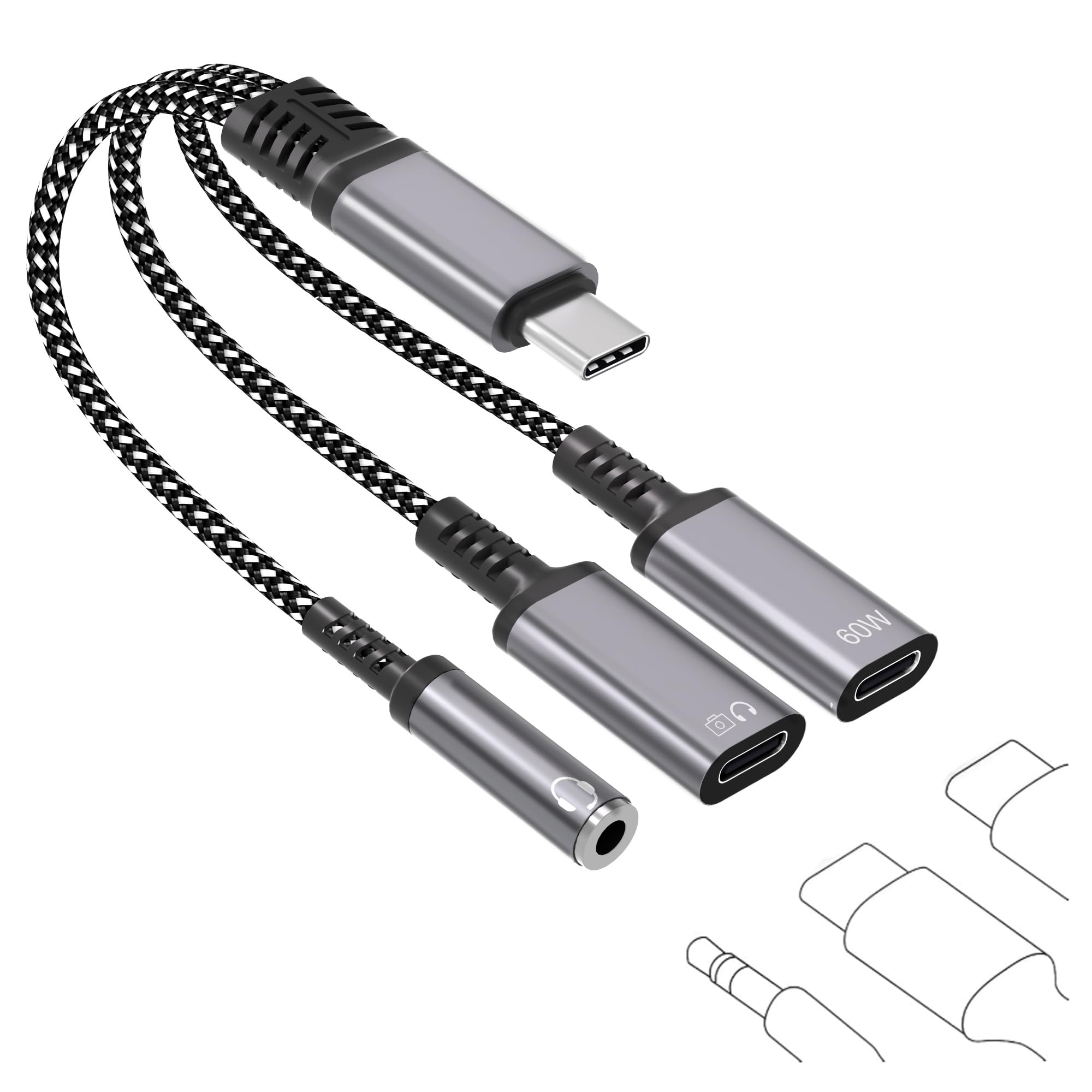 Adattatore USB C Splitter 1 in 3 Out USBC per cuffie con ricarica e dati da 60 W, da USB-C a cuffie da 3,5 mm e doppio splitter di tipo C, supporta ricarica rapida PD, dati, musica, chiamate per