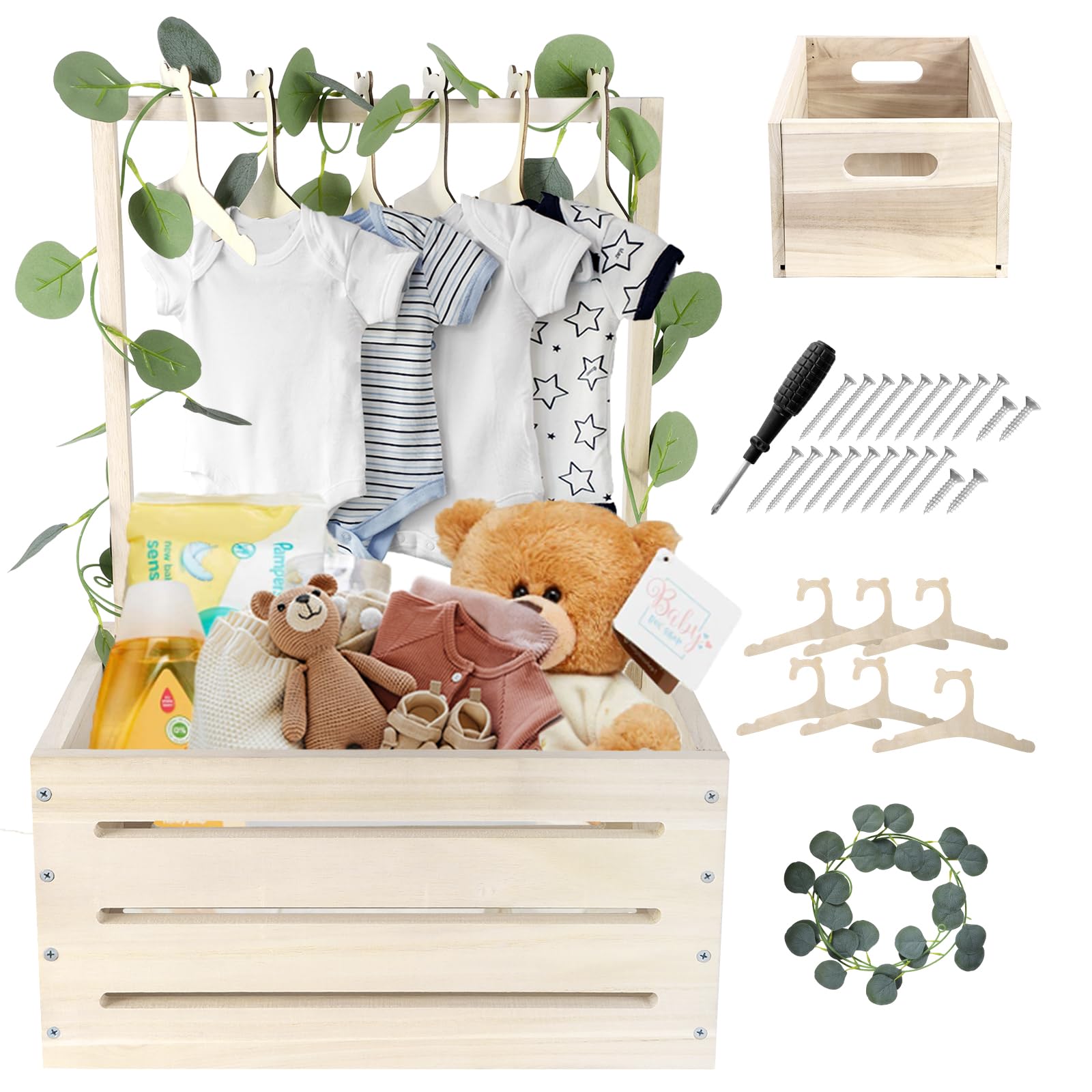 Umtiti Holz Baby Geschenk Korb mit Griff, Kinder Kleiderbügel und Girlande, Baby Aufbewahrungskorb, Baby Dusche Kiste Schrank, personalisierte Baby Korb für schwangere neue Eltern.Gift Basket-Wood-DE