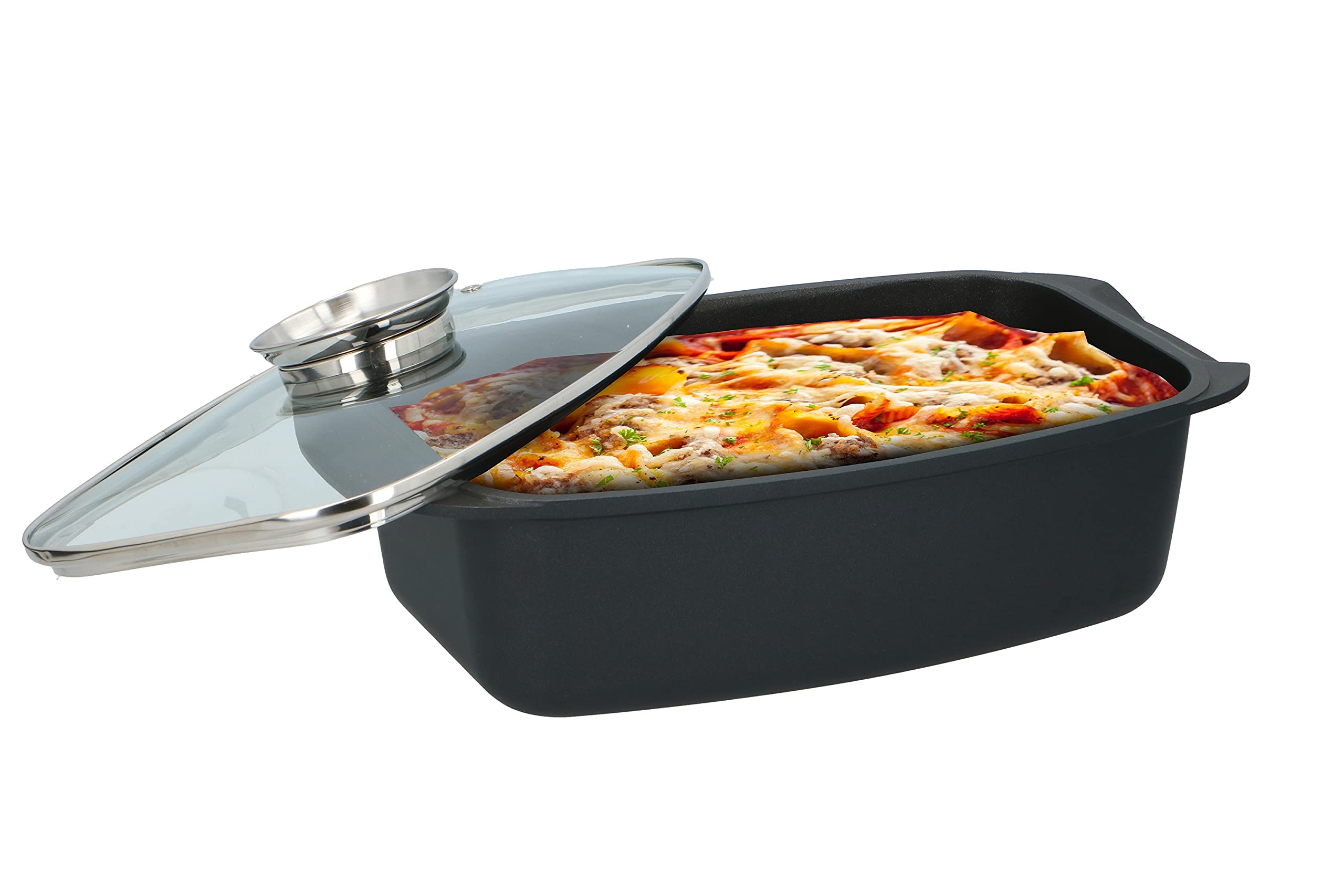alpina Rostiera – con coperchio in vetro – per piatti da forno, cottura a vapore e arrosto – 5,5 l – nero