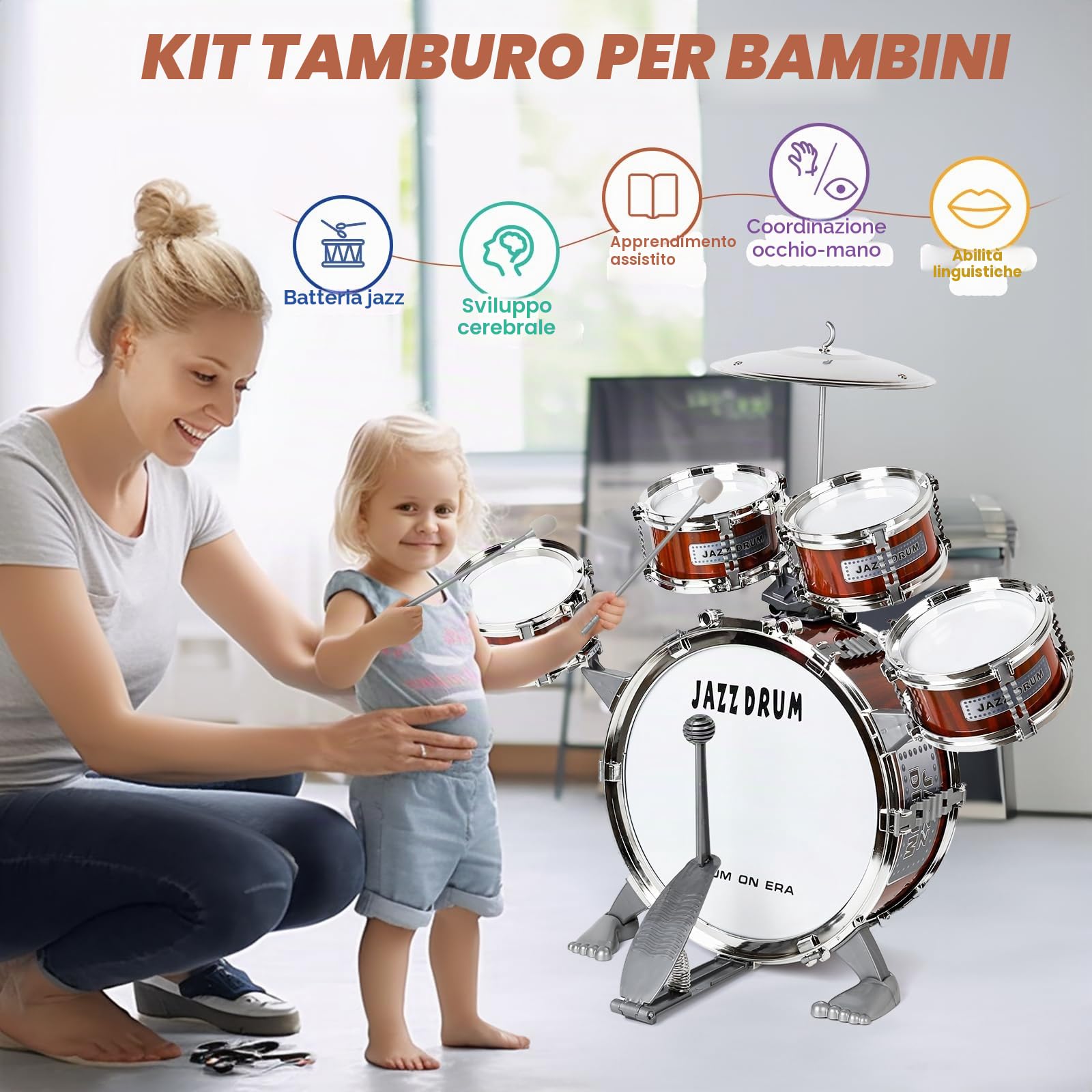 Batteria per Bambini, Drum Set 5 Tamburi con Sgabello Strumento Musicale | Batteria Musicale Bambini per Educazione Precoce, Regalo di Natale, Giocattoli per 3-5 Anni