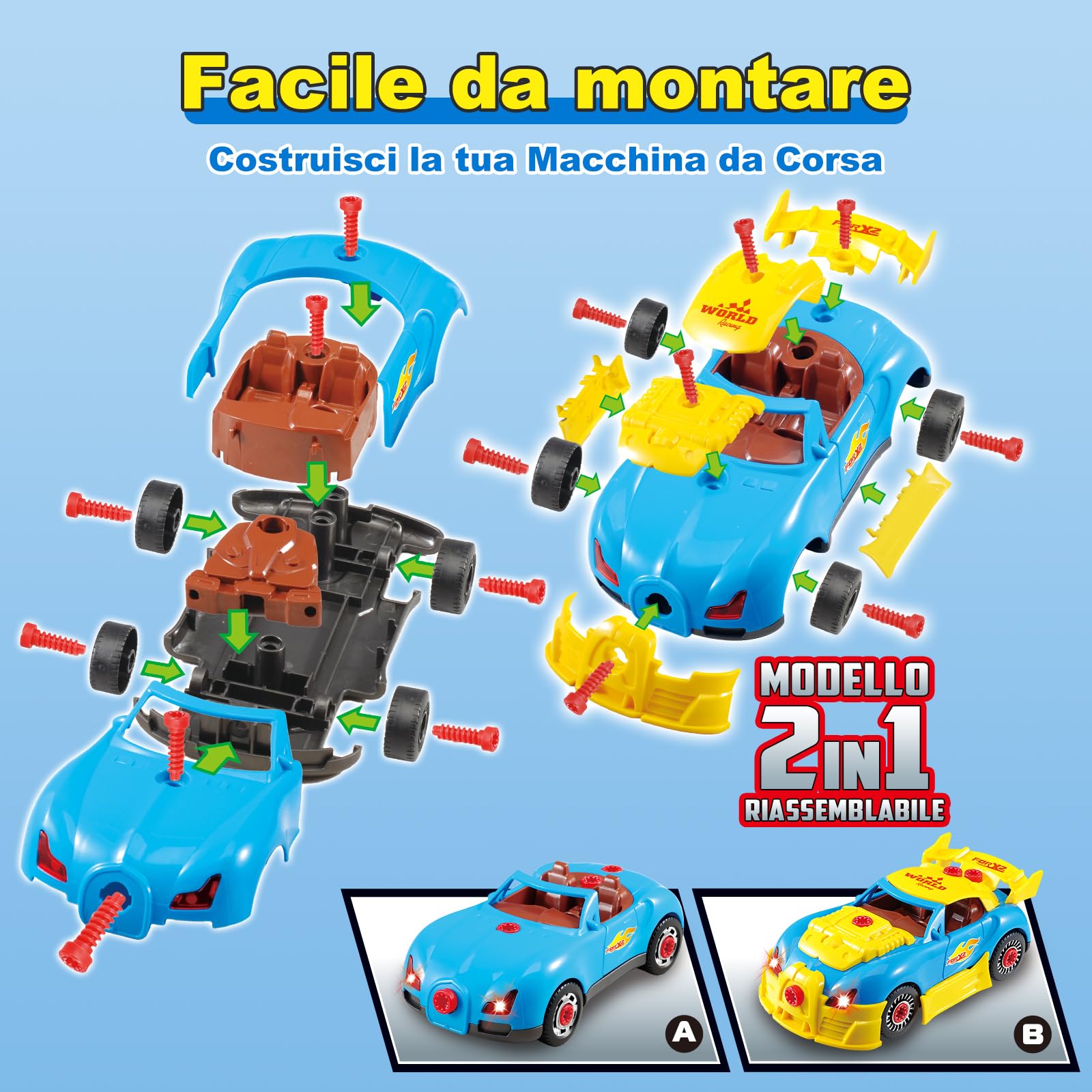 Pup Go Modellini Auto da Costruire per Bambini 3+ Anni, 30 Pezzi con Trapano Elettrico di Simulazione, Suono Realistico e LED, Costruisci Tua Auto Giocattolo, Migliori Regali per Ragazzi (Giallo)