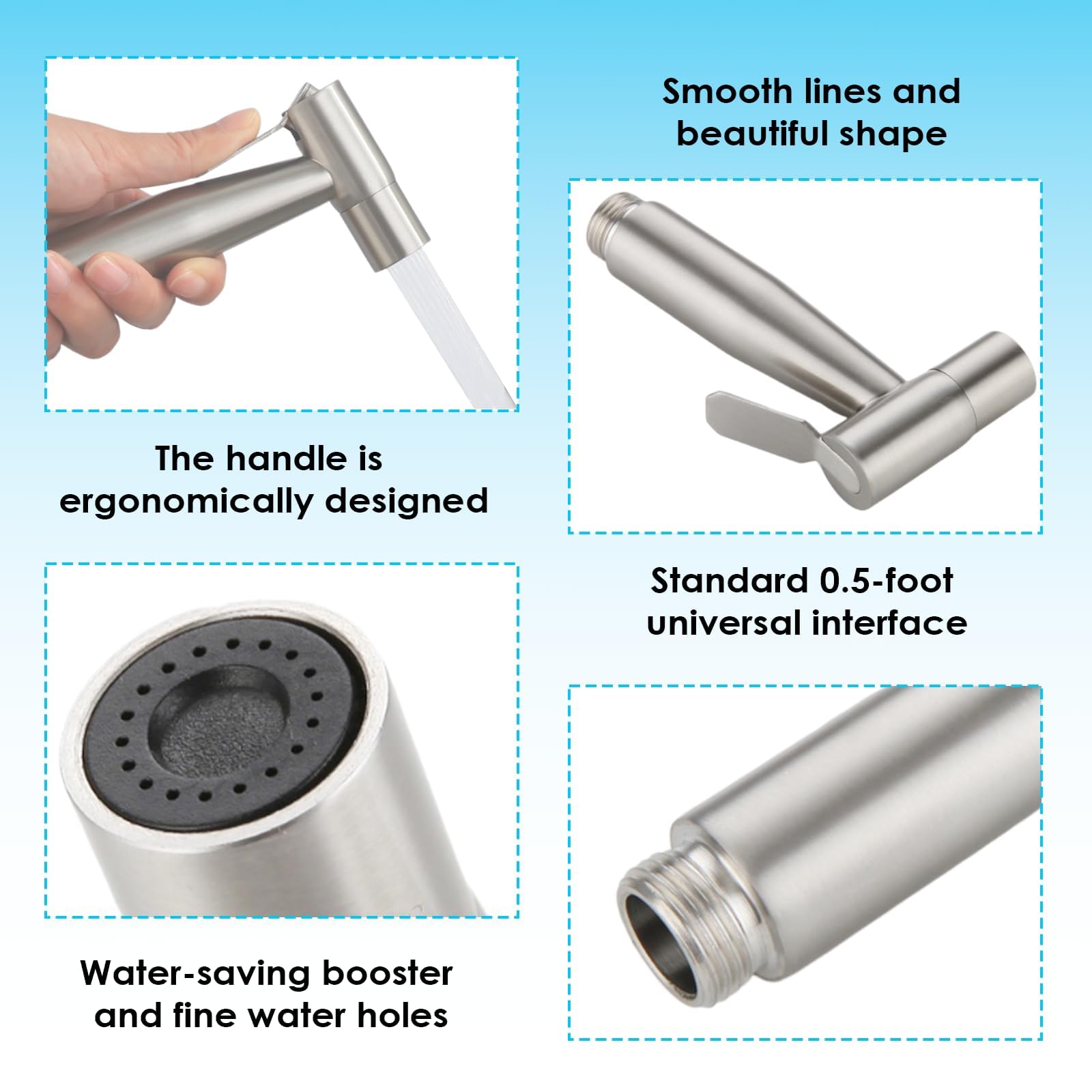 Bidet Handbrause Set mit 1,5 m Schlauch und 1/2 auf 3/8 Adapter, Edelstahl Handbrause für Toilette, Einfache Montage inkl. Zubehör für WC, Haustiere und Hygiene