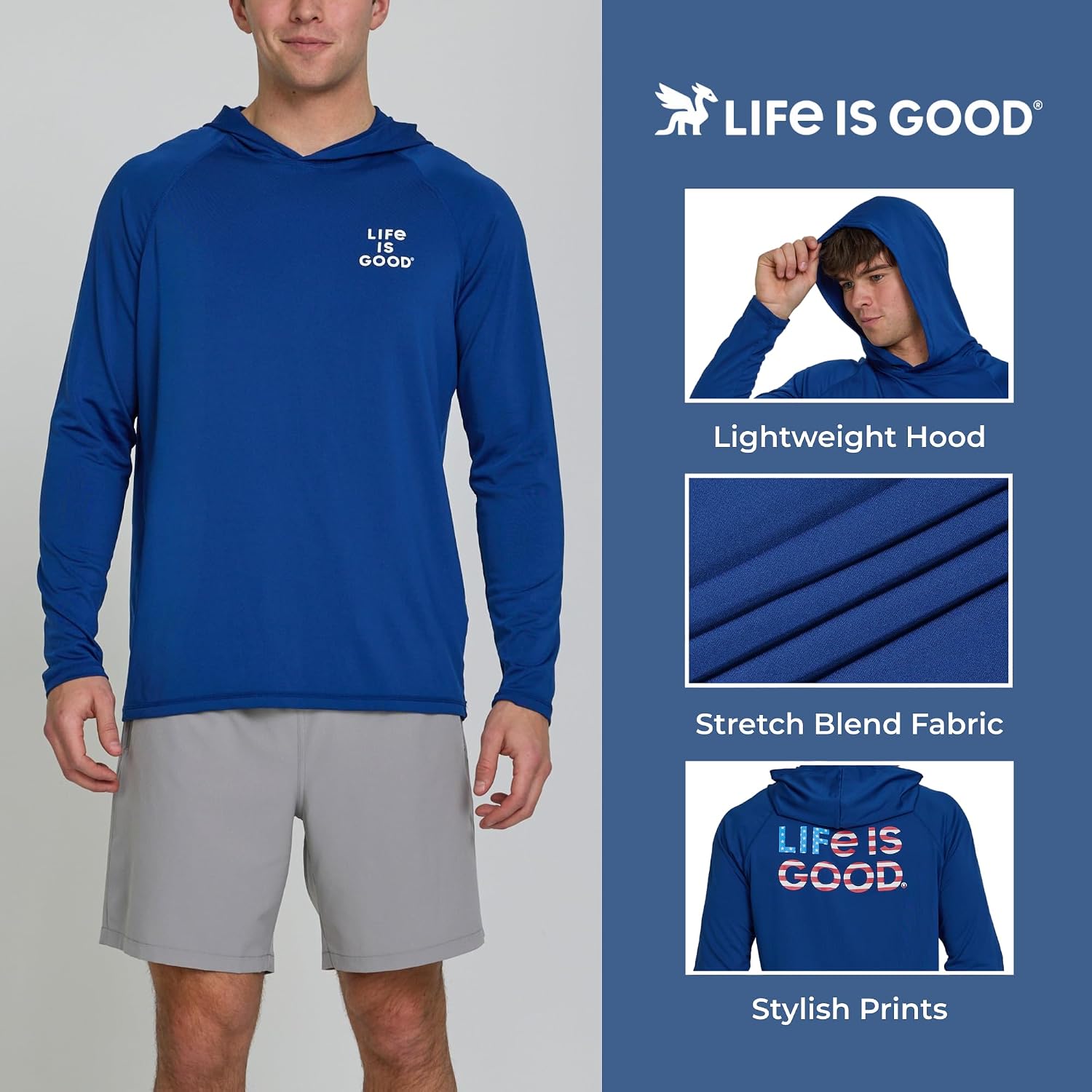 Life is Good Swim Shirts for Men with Hood - UPF 50+ UV Protection Long Sleeve Rash Guard Sun Hoodie for Fishing Hiking