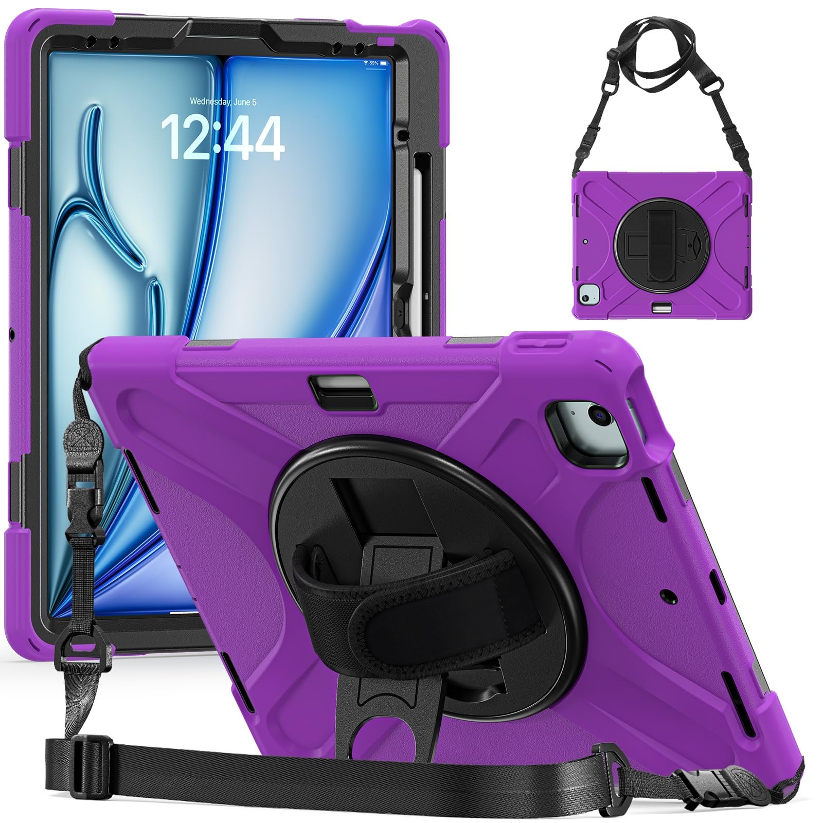 Kompatybilny z etui iPad Air 13 cali M2 2024, wytrzymałe, odporne na wstrząsy chroniące przed upadkiem uchwytem długopis, pasek ramię, ochronne silikonowe dla dzieci(Mor)