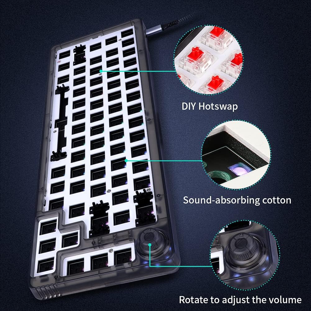 GK68 RGB Hot-Swappable Programmable Junction Box Can Be Replaced with Switch DIY Mechanical Keyboard Kit, Support AKKO, Cherry MX, Gateron, Kailh Mechanical Axis (Black Translucent)