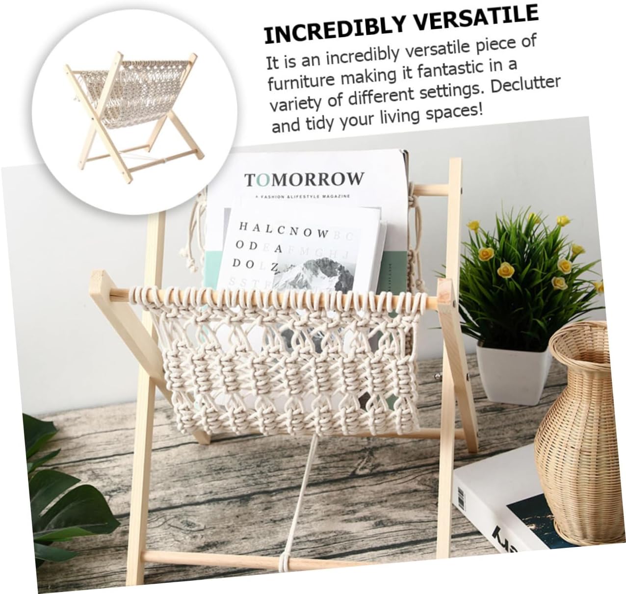 Cotton Rope Magazine Shelf Hand Woven Storage Rack for Books and Sundries Bohemian Style for Bedroom Office Apartment and Hotel Decor