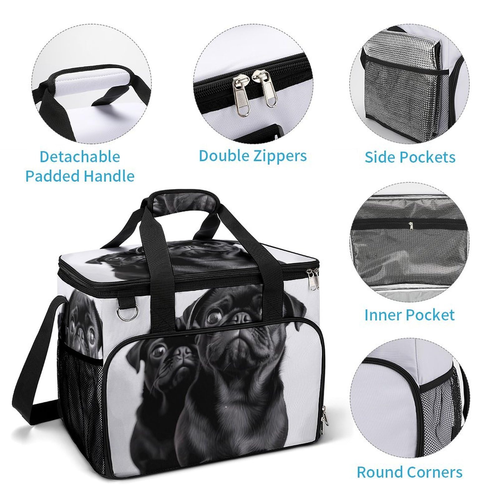 Camping Cooler Bag, Carino Nero Pug Dog Print Viaggio Picnic Bag Grande Capacità Cooler Bag Portatile Cooler Bag Multiuso Cooler, stile