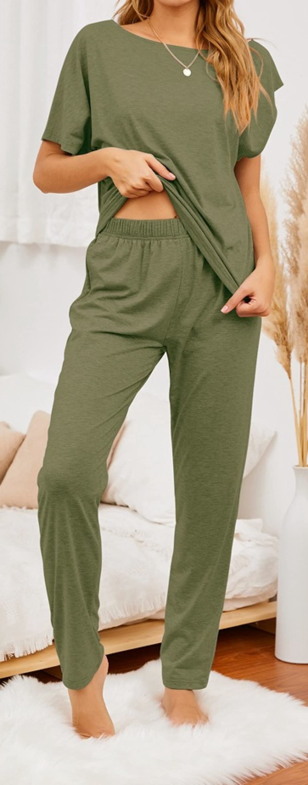 Pijama De Mujer Manga Corta,Talla Grande Cuello Redondo Verde Pijama De Manga Corta Para Mujer Conjunto De 2 Piezas Pijamas De Mujer Cómodos Y Suaves Ropa De Salón Regalo Del Día De La Madre Para