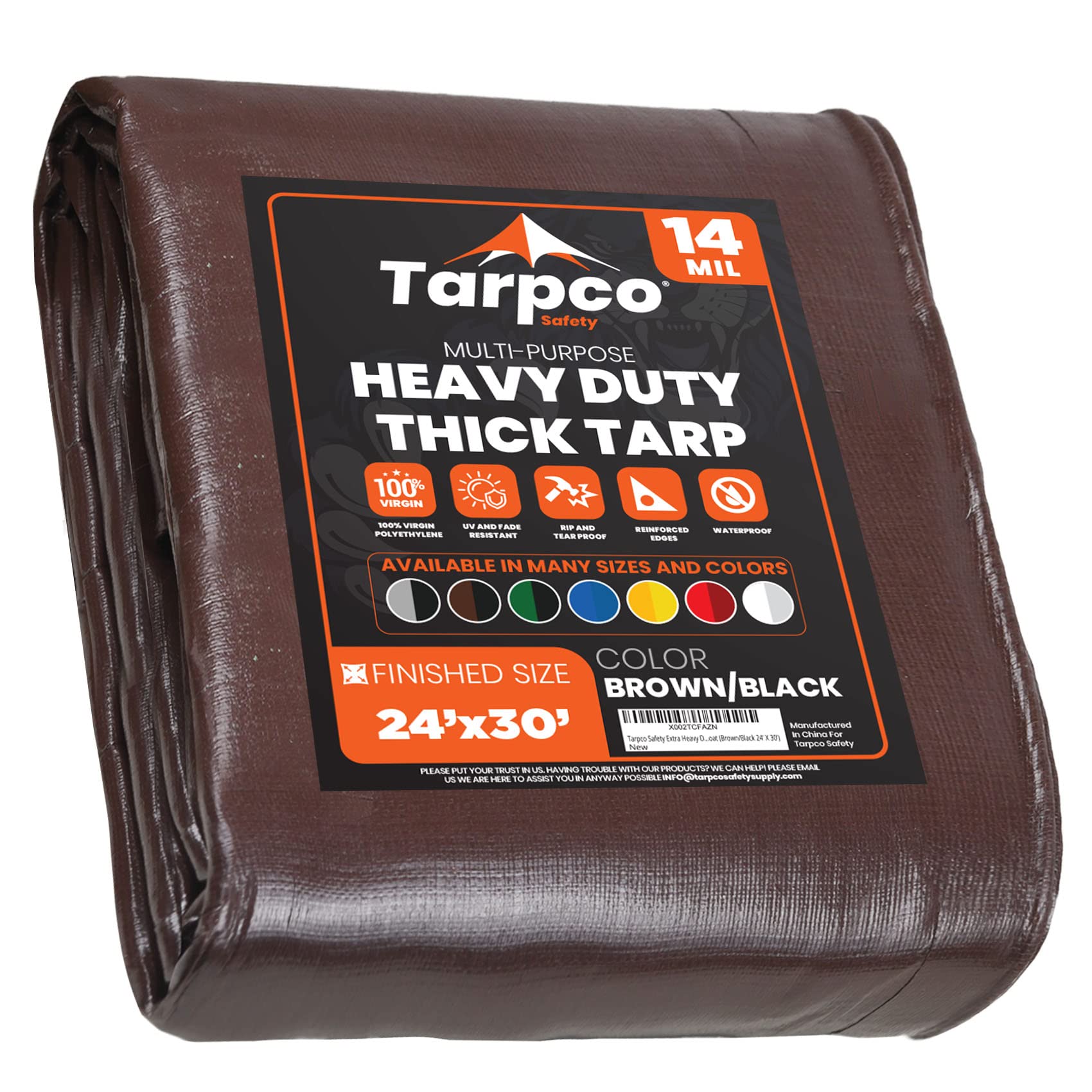 Extra Heavy Duty 14 Mil Tarp Cover, Waterproof, UV Resistant, Rip and Tear Proof, Poly Tarpaulin with Reinforced Edges for Roof, Camping, Patio, Pool, Boat (Brown/Black 24′ X 30′)