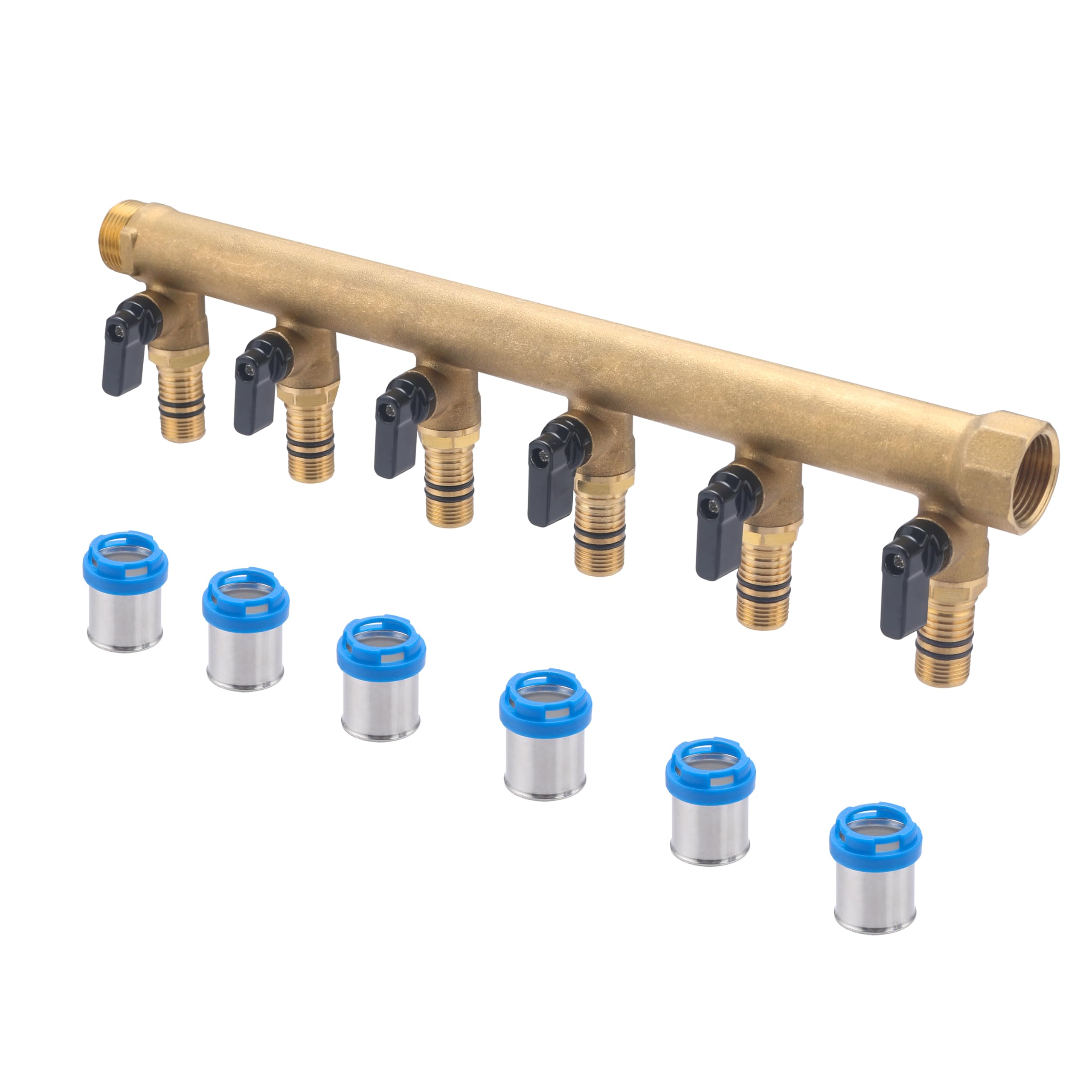 Colector macho-hembra 3/4 con 6 salidas multicapa a prensar Ø20 y válvulas | Latón | Conexión segura, duradera y precisa | Ideal para fontanería | Fácil instalación | QUICK PLOMBERIE