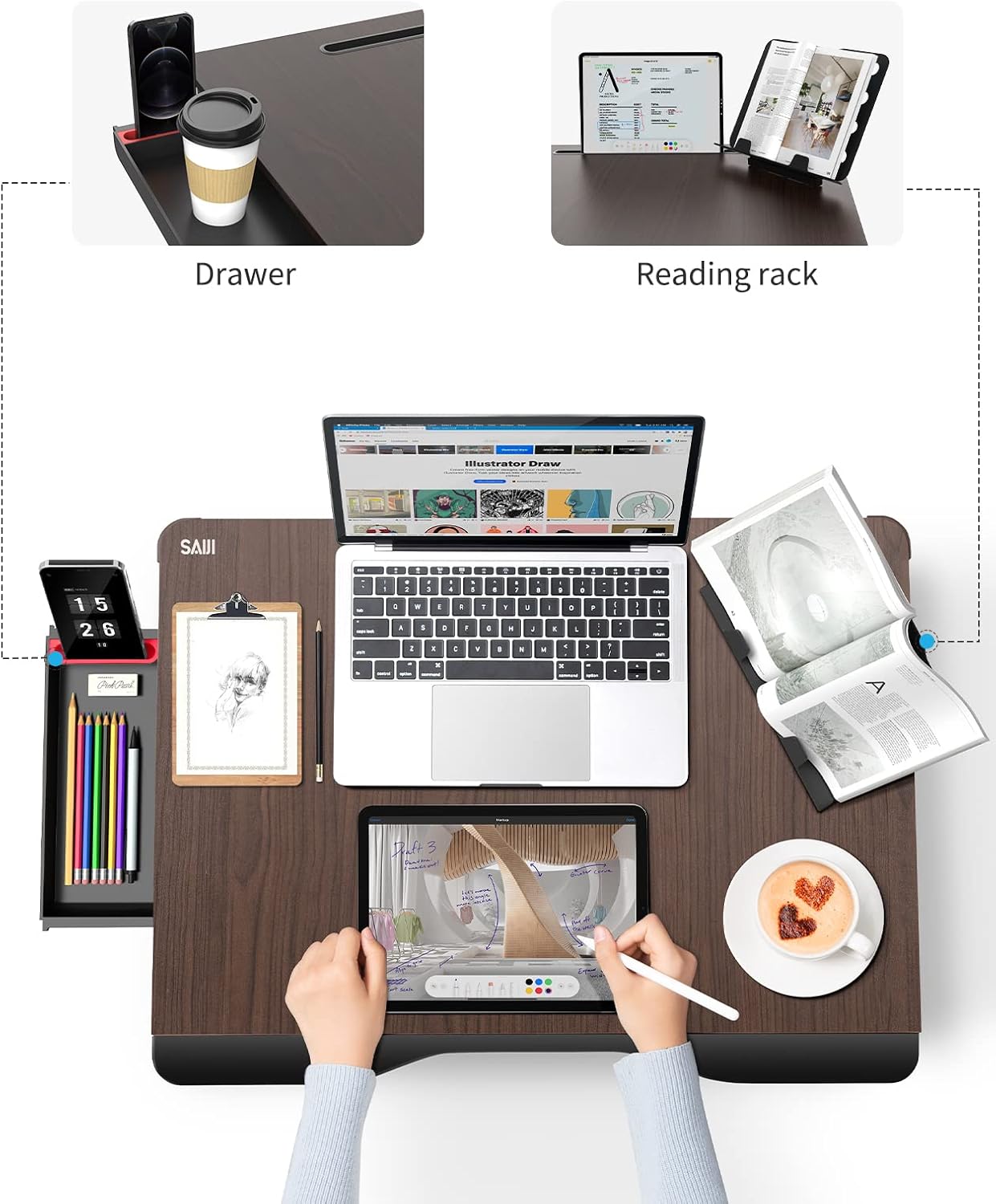 Laptop Desk for Bed, SAIJI XX-Large Foldable Bed Tray Table for Eating Breakfast, Writing, Working, Gaming, Drawing with Storage Drawer, Handrest Bookstand, Tablet Stand, Phone Stand(Black Cherry)
