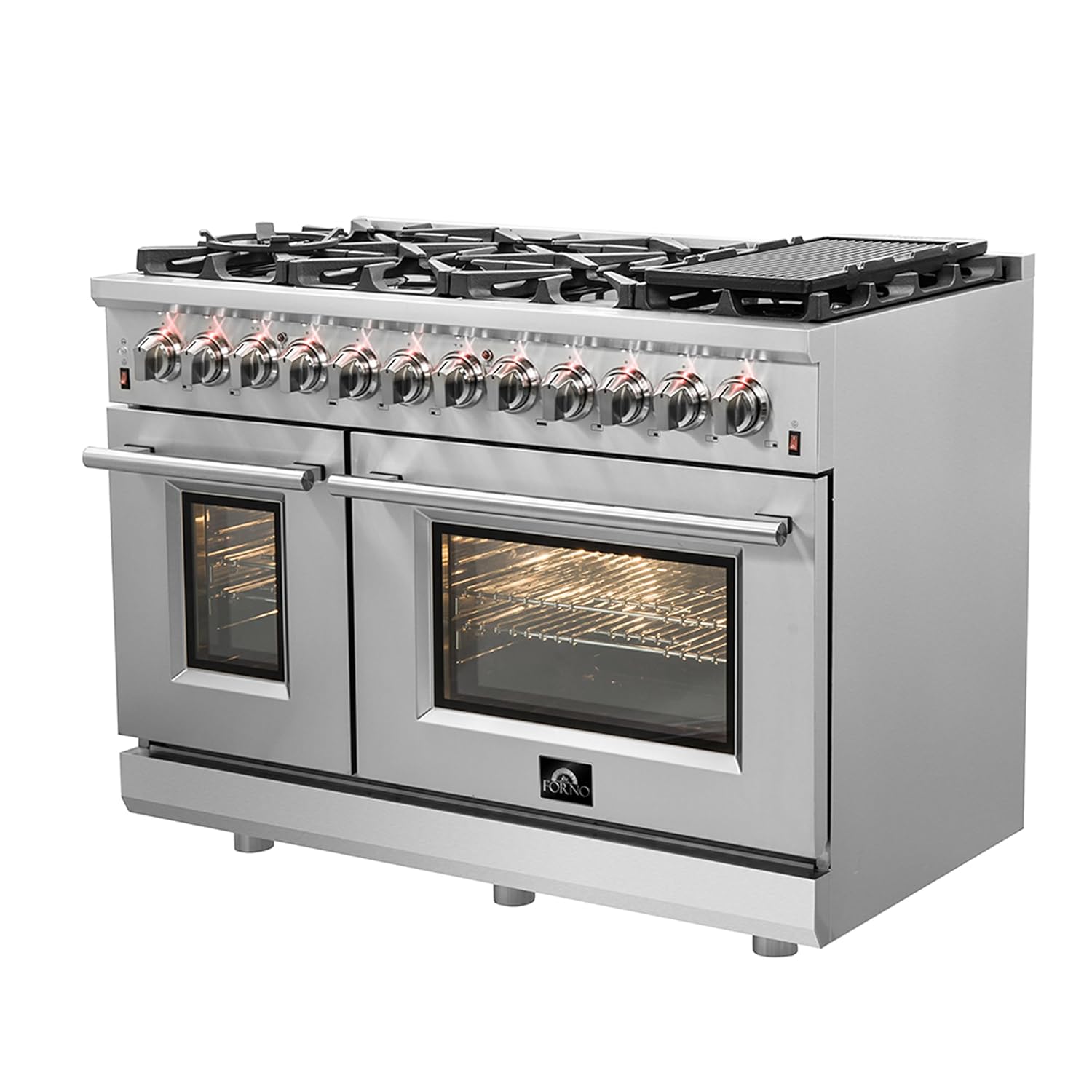Forno Massimo 48" Freestanding Dual Fuel Range with 8 Sealed Burners 107,000 BTU, Wok Support & Griddle, 6.58 cu.ft. Oven - Modern Design Fuel Range with Pro-Style Handle and Zinc Coated Metal Knobs