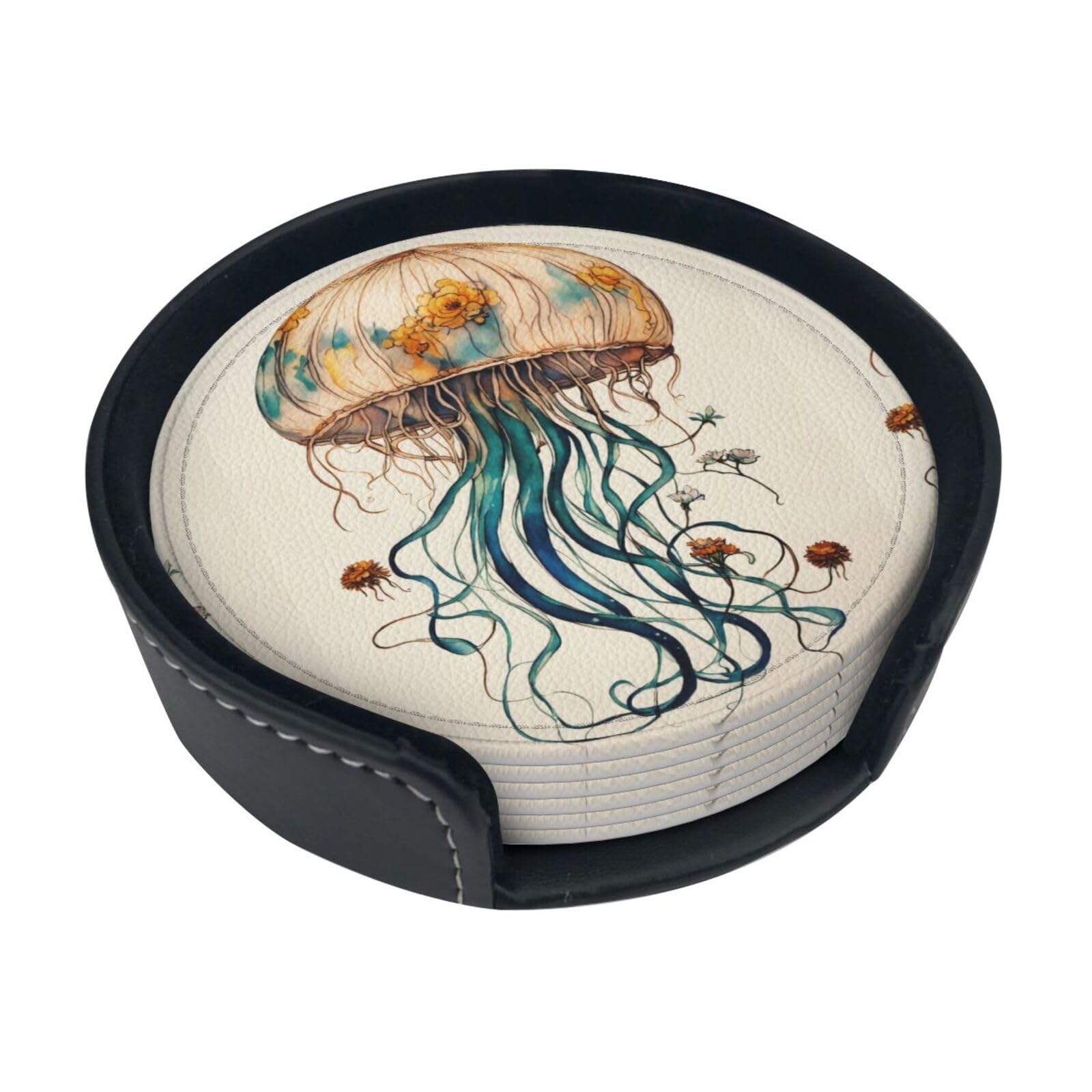 Jellyfish Pattern Print Round Coasters Set Of 6,Coaster For Tabletop Protection Home Bar Decor
