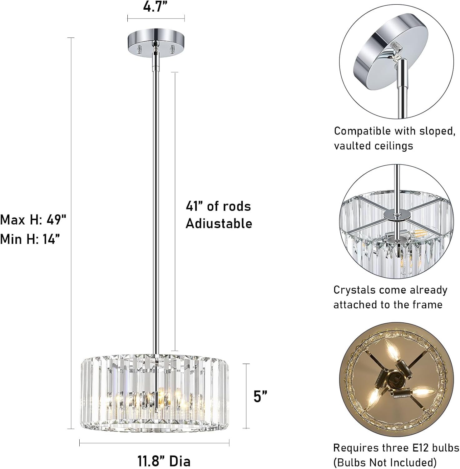 Chrome Crystal Chandelier, Small Modern Semi Flush Mount Ceiling Chandelier Light Fixtures, Round Hanging Lighting Fixture for Kitchen Bedroom Hallway Entryway Laundry Room, 3-Light, 11.8 Inch