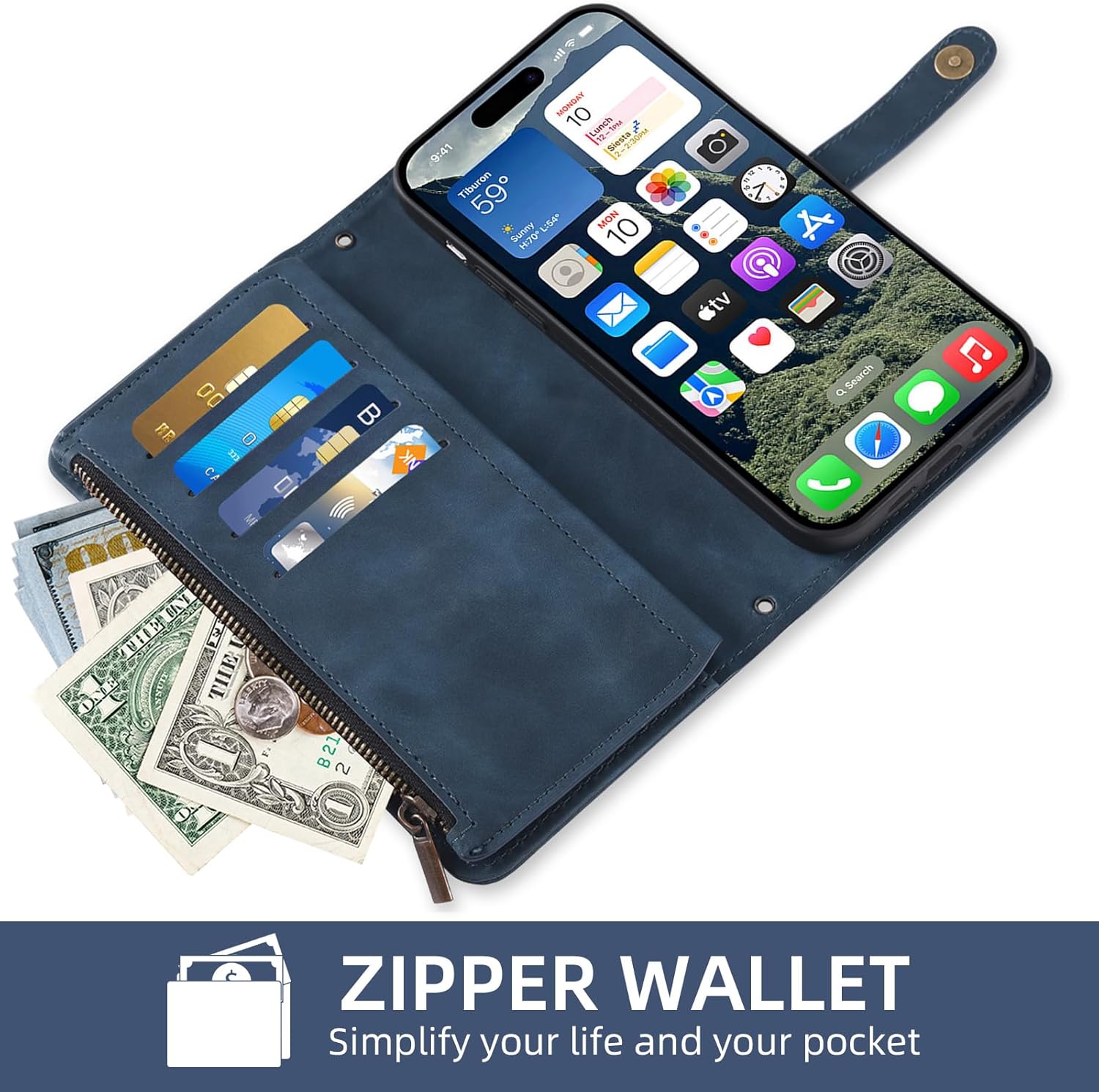 Phone Case for iPhone 16e/SE 2025/SE 4 Wallet Cover with Screen Protector Crossbody Wrist Strap Leather Flip Pattern Zipper Credit Card Holder Stand Cell i Phone16e i16e 16 e SE4 4th Generation Blue