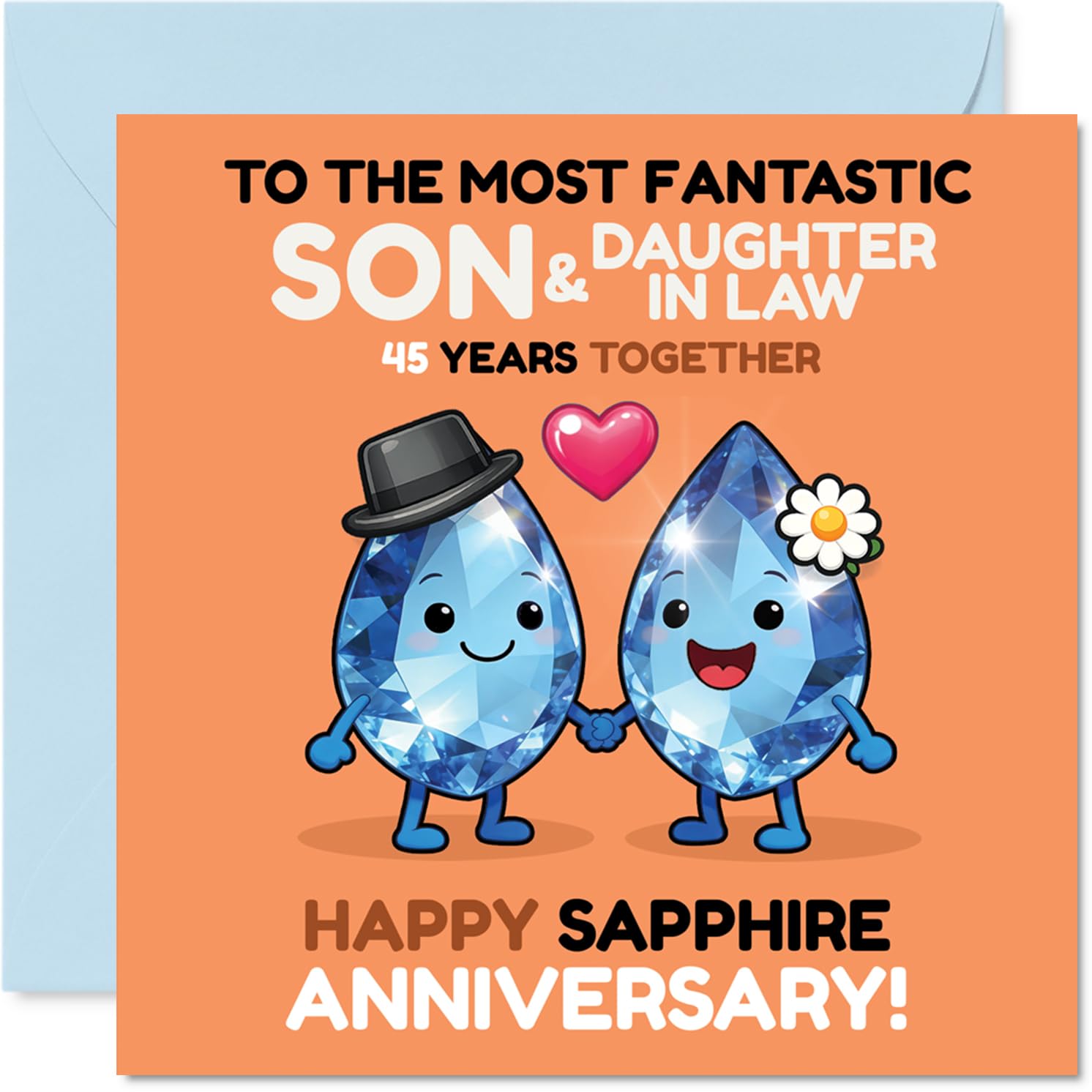 Milestone 45th Anniversary Card for Son & Daughter in Law - Cheers to 45 Sparkling Years - Cartoon Gem Couple Celebrating Sapphire Anniversary - 145mm Square, Envelope Included