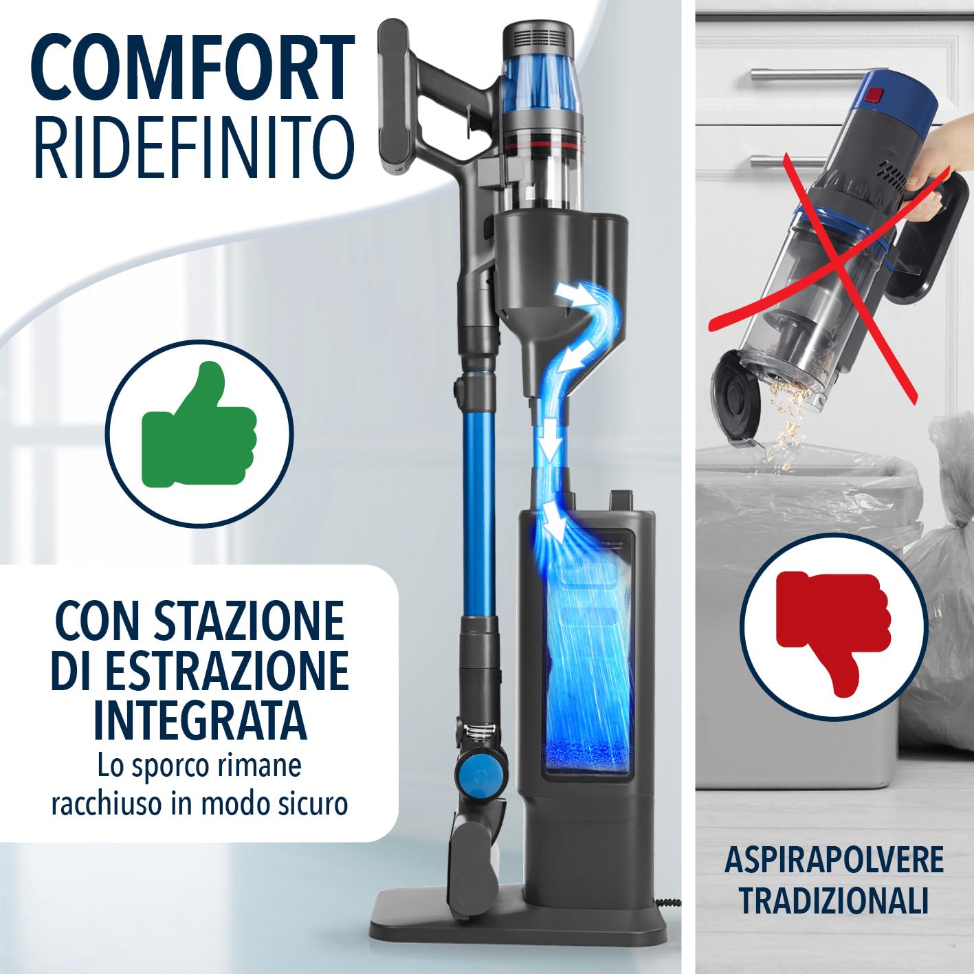 CLEANmaxx AeroTec 500 - Aspirapolvere a batteria con stazione di aspirazione, intelligente e senza fili, svuotamento automatico della polvere da 3,5 l, 34 kPa, autonomia 60 minuti, filtro HEPA
