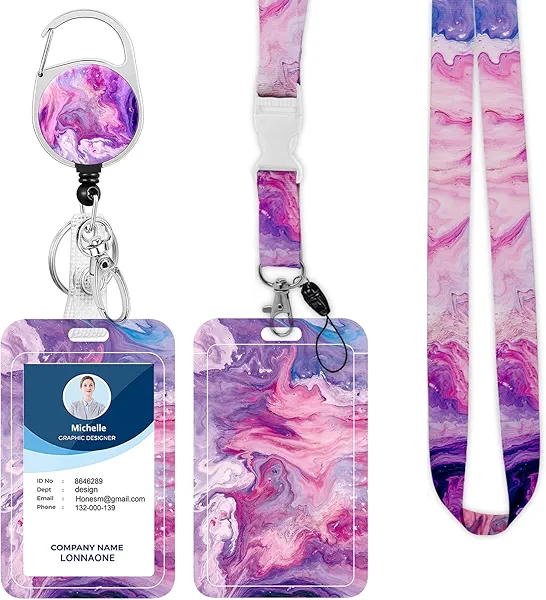 Lanyard with Badge Holder,Retractable Badge Reel with Detachable Neck Lanyard Strap and Vertical ID Holder for Nurse Doctor Students Office Staff (Lanyard Pretty Purple Marble)