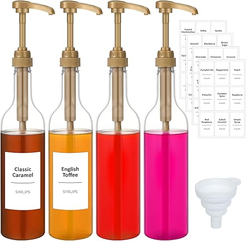 Bokon Dispensador de jarabe de café de 25.4 onzas, botellas con bomba de jarabe para beber con juego completo de etiquetas y embudo para accesorios
