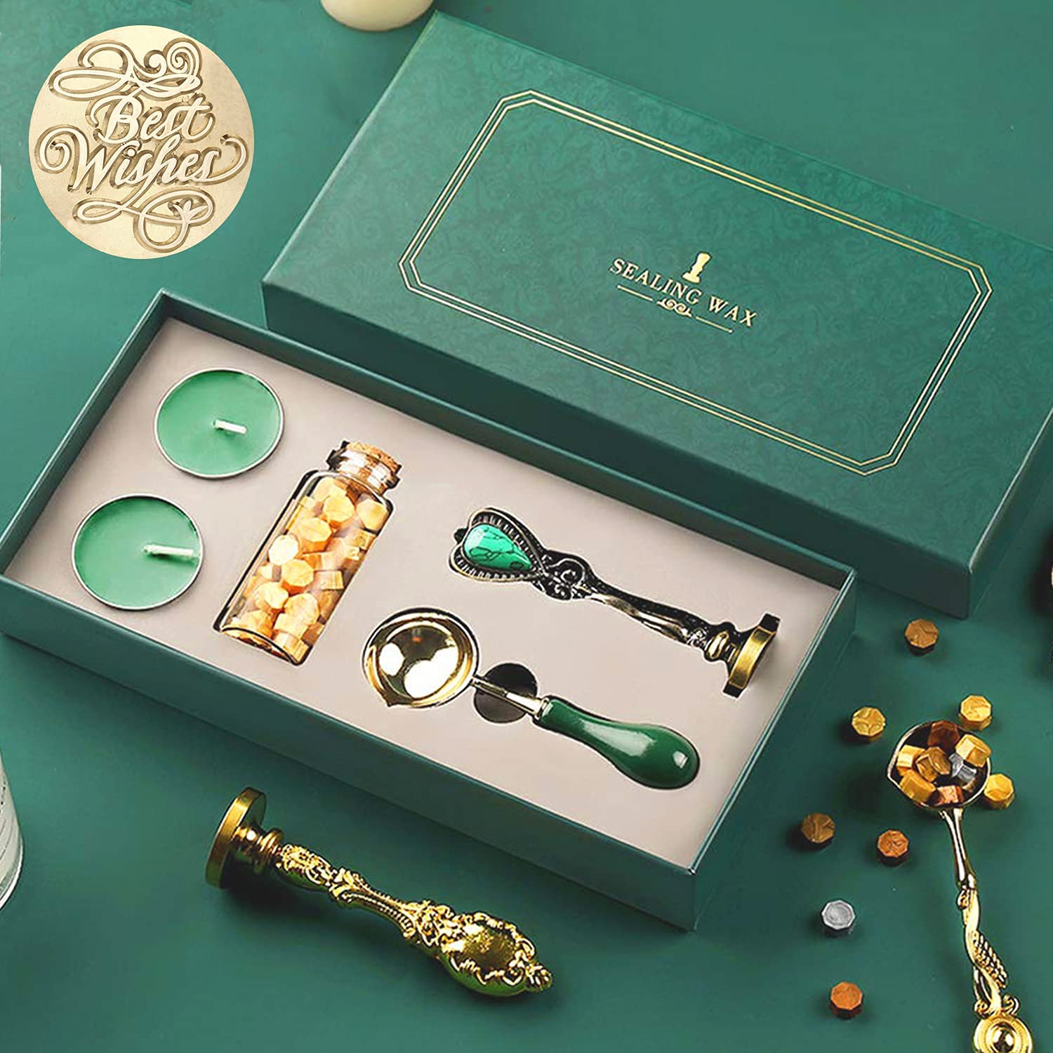 AMAWMWVintage Rosemary Retro Classical D-tamp Wax Seal with Golden Beads and Melting Spoon Green Candles Set