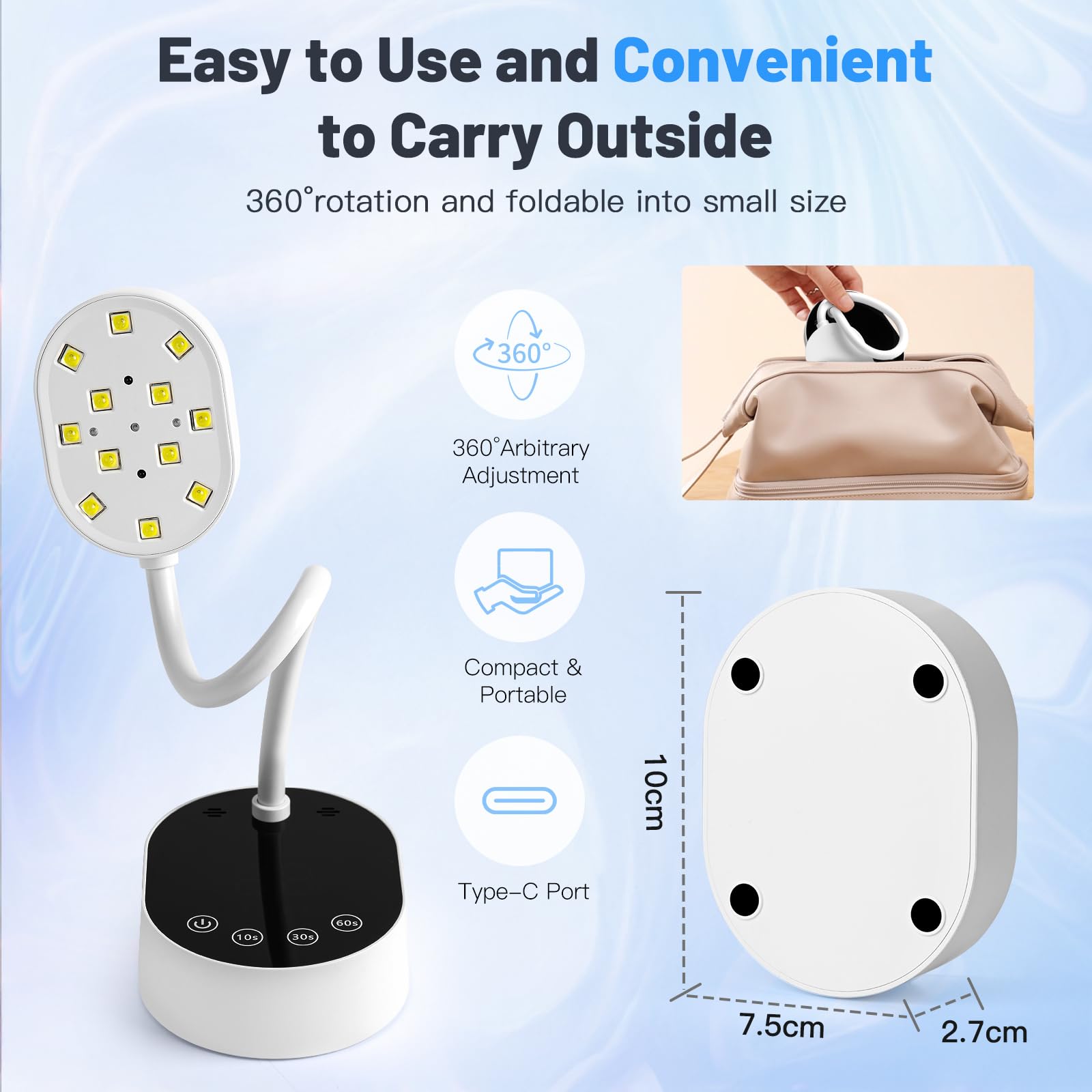 Lampada UV LED per unghie, senza fili, a collo di cigno con sensore automatico e touch screen, 4 modalità di timer, mini asciugatore per unghie in gel, ideale per salone e uso domestico