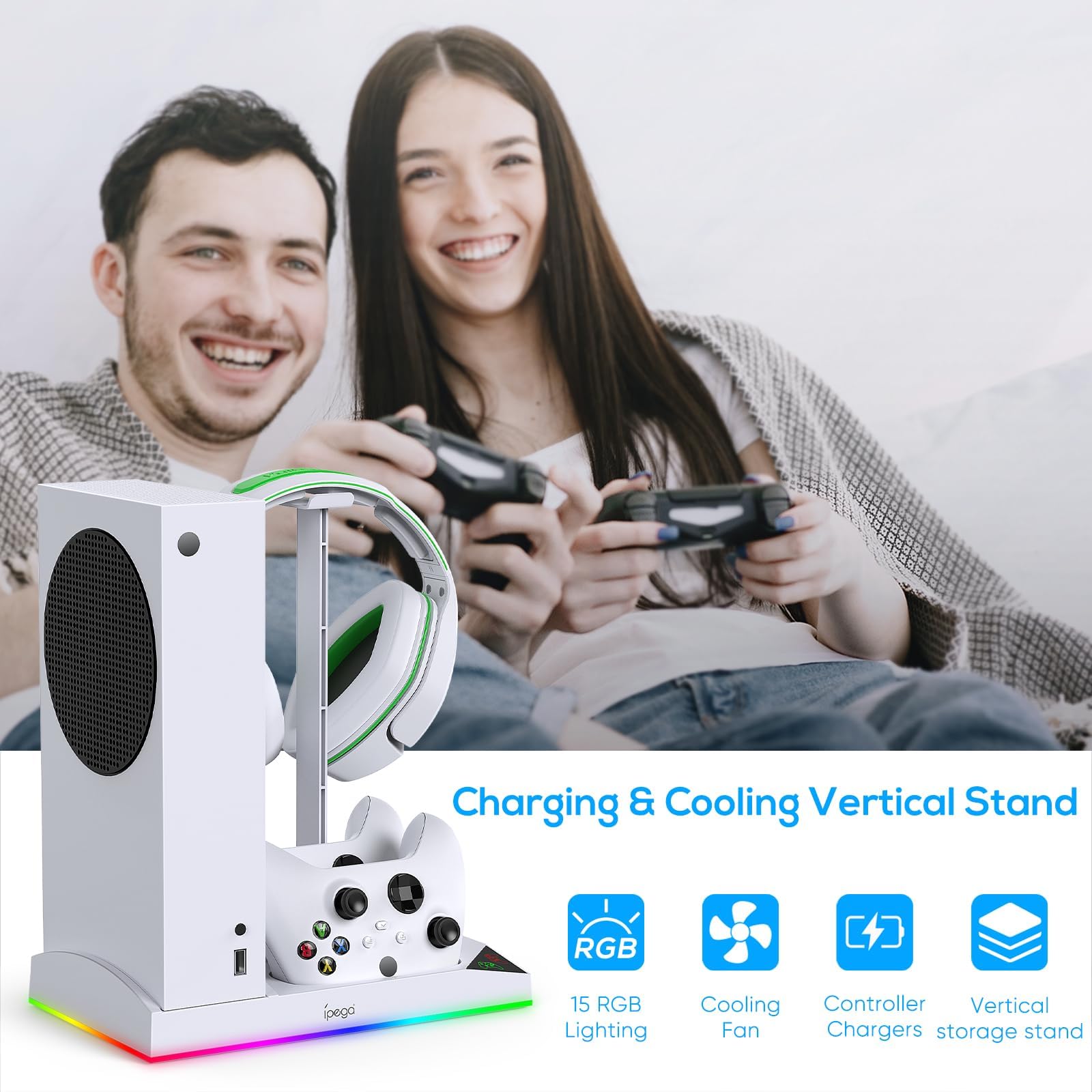Upgraded RGB Kühlung Lüfter Ladestation für Xbox Serie S Konsole & Controller, Duale Ladestation Cooler System Stand mit 15 bunten Lichtmodi Zubehör mit 2 * 1400mAH wiederaufladbarem Akku, weiß