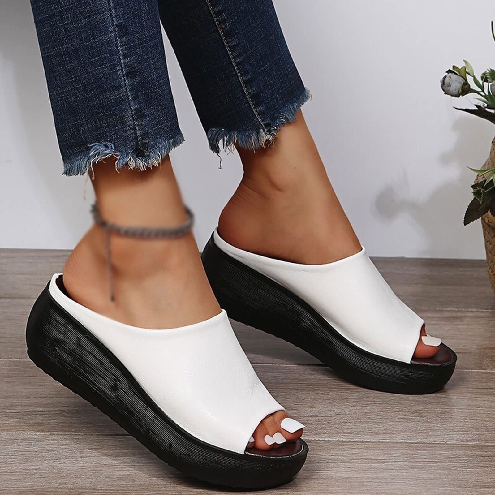 Ciabatte da Donna, estive, in Stile Etnico, con Zeppa e Bocca di Pesce, con Una Parola, con Fondo Spesso, Scarpe da Donna, Taglia Grande (Bianco 4,5 UK)