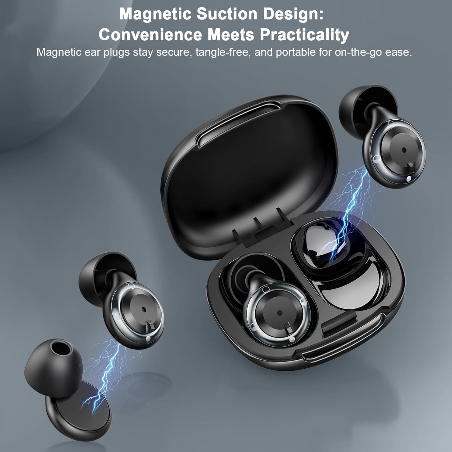 The IDE11 M3 earplugs and their magnetic charging case, illustrating the magnetic suction design.