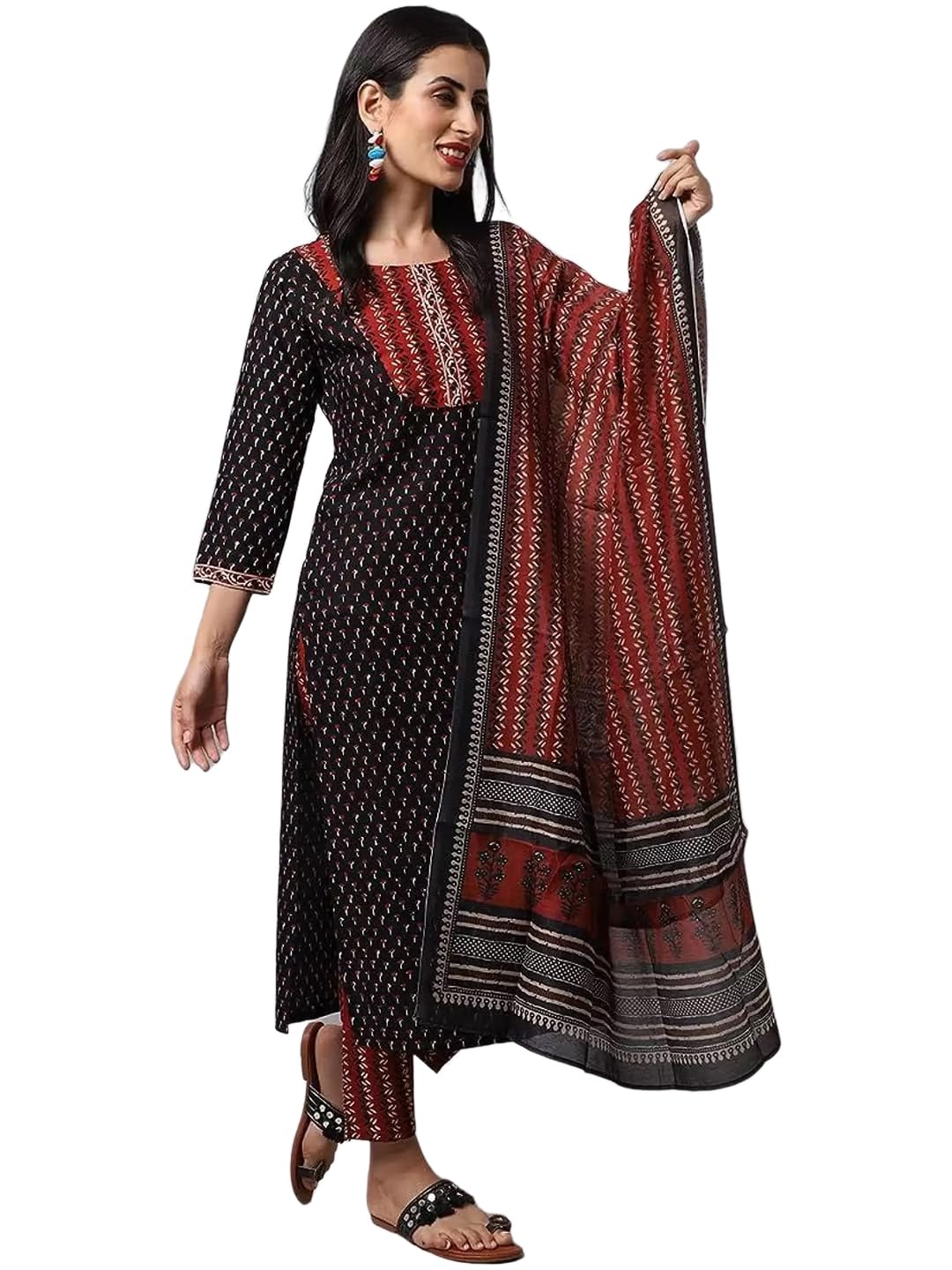 Tee Projekt Women's Cotton Blend Straight Kurta Pant With Dupatta Set Ll Round Neck Kurta Ll Kurta Set For Women Black
