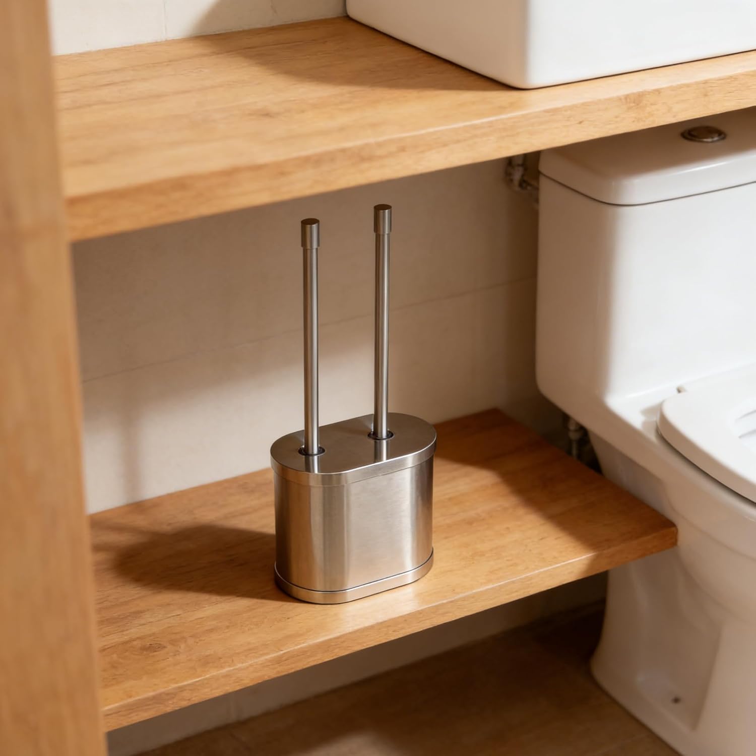 Brushed Nickel Metal Toilet Brush & Plunger Set, Durable Bathroom Cleaning Accessory