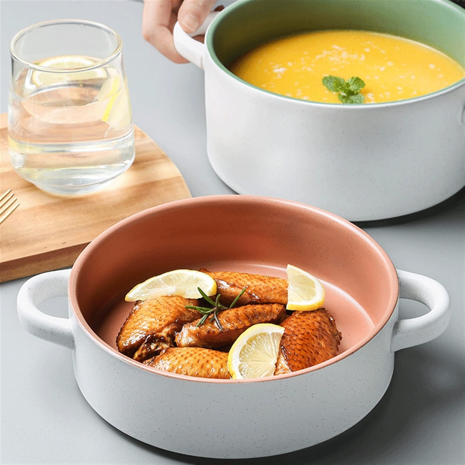 Talerz obiadowy Podwójny uchwyt ceramiczne płyty obiadowe Chińskie zabytkowe porcelanowe ręcznie robiona płyta obiadowa 9.6 "talerz sałatkowy mikrofal/lodówka Naczynia Talerze (Color : A)