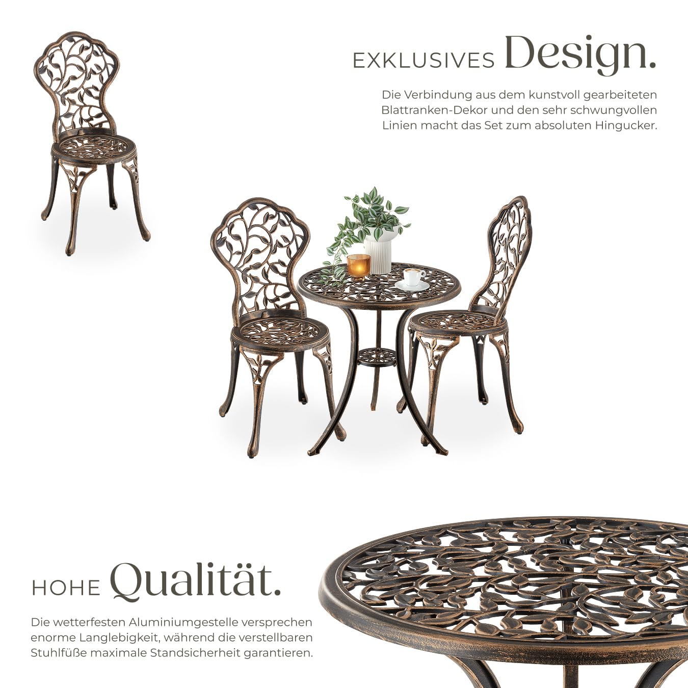 tectake® Aluminium Metall Bistroset Gartenmöbel Set, Bistro Set 1x Balkontisch Beistelltisch Outdoor und 2X Gartenstuhl, Terrassenmöbel, Balkonmöbel Kleiner Balkon, Wintergarten, Gartendeko Vintage