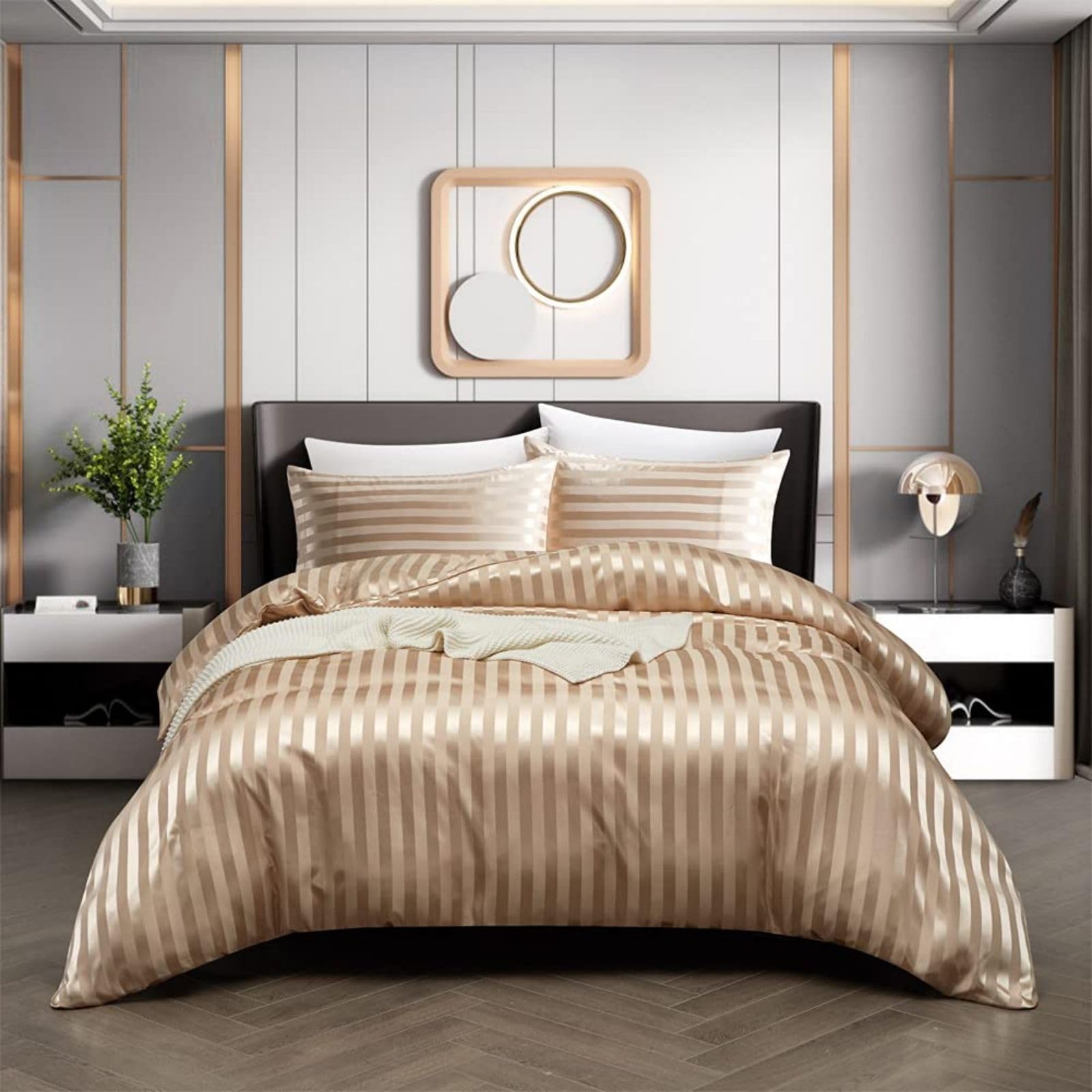 Tospass Satin Housse de Couette 220x240 Kaki Rayures Soyeux Linge de Lit Satin de Soie Brillante Parure de Lit Adulte 2 Personnes avec Fermeture éclair et 2x65x65cm Taies d'oreiller