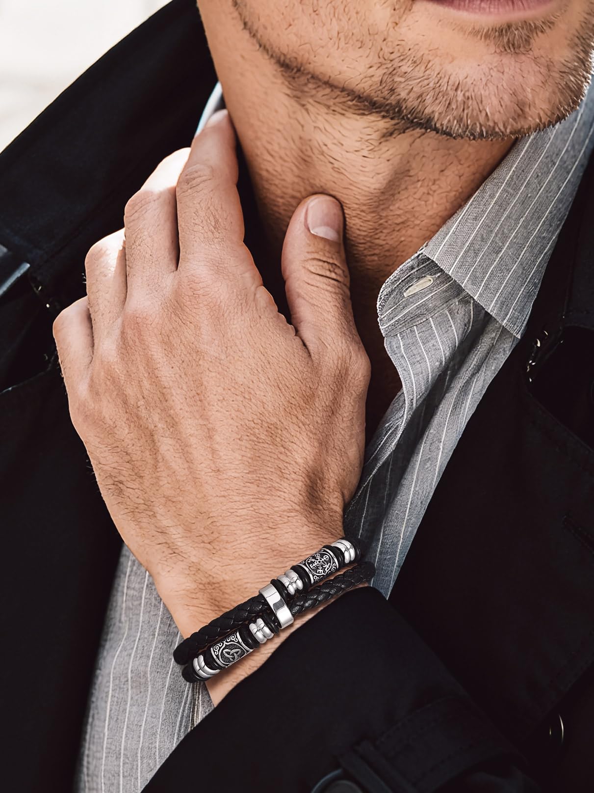 Bandmax Longueur de 19/21/23/25 cm, Bracelet Cuir Homme avec Fermoir Magnétique - Bracelet PU Tressé avec Manchette Double Couche - Pour Papa Fils Petit-ami - Cadeaux Fête des Pères