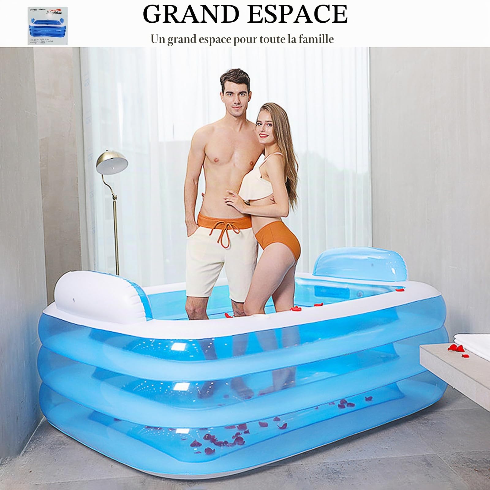 Baignoire gonflable adulte Spa balnéothérapie Hickened Baril De Bain De Plage Baignoire Double Pliable PVC (170 * 130 * 60CM, Bleu)