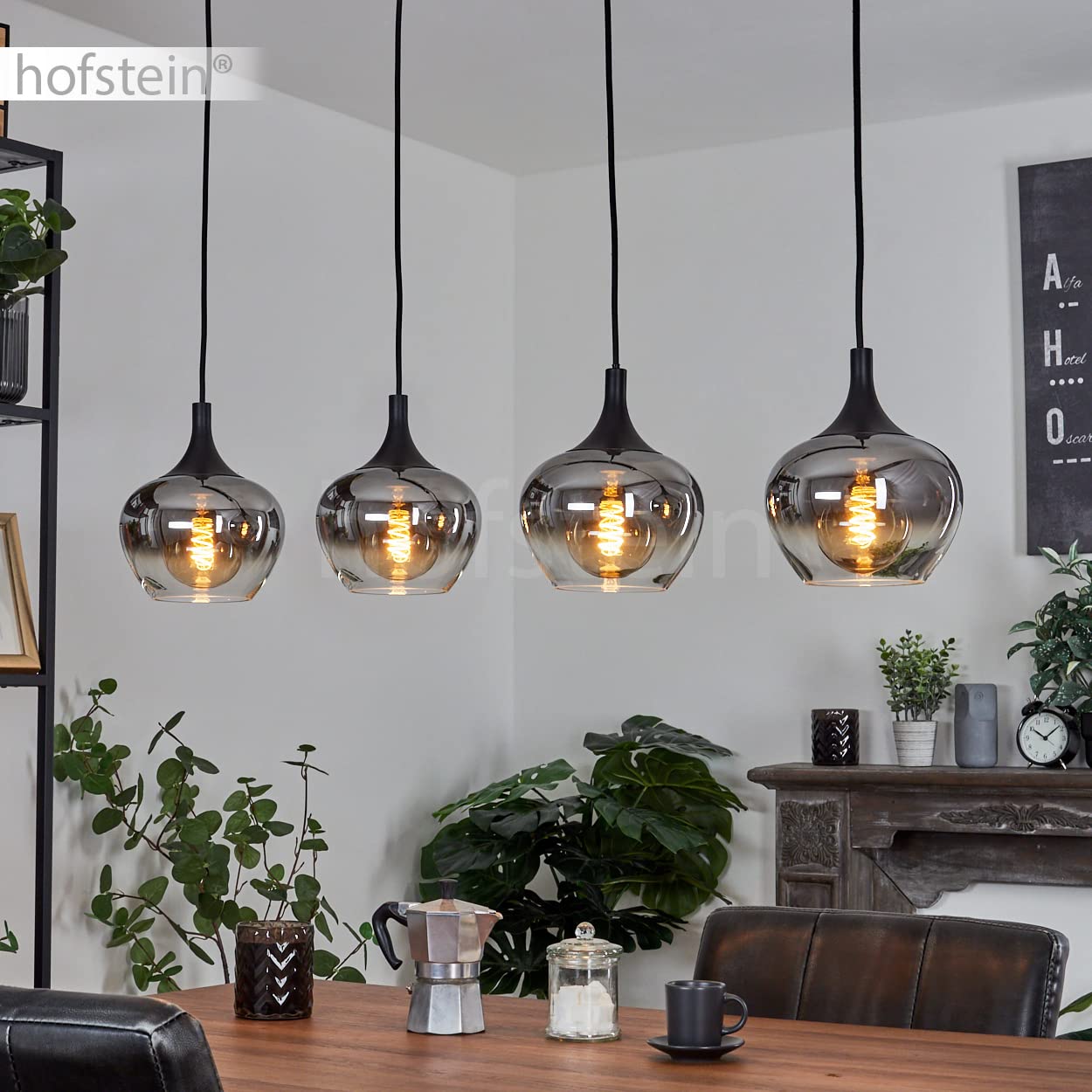 HOFSTEIN Hängeleuchte Azurara, 4-flammige Hängelampe aus Metall/Glas in Schwarz/Rauchfarben/Klar, Pendelleuchte im Vintage-Design, Ø Schirme 19,5 cm, max. 121 cm, E27, Esszimmer, Küche, Wohnzimmer