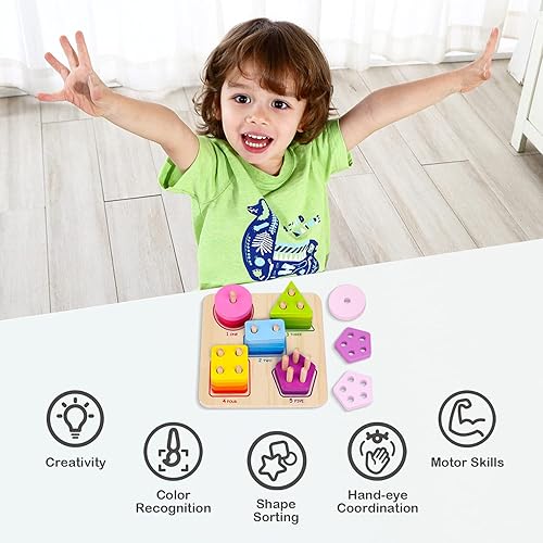 Miniatura 8 de TOOKYLAND Clasificador de formas geométricas de madera - 21 piezas de juguete de reconocimiento de forma y color, a partir de 2 años