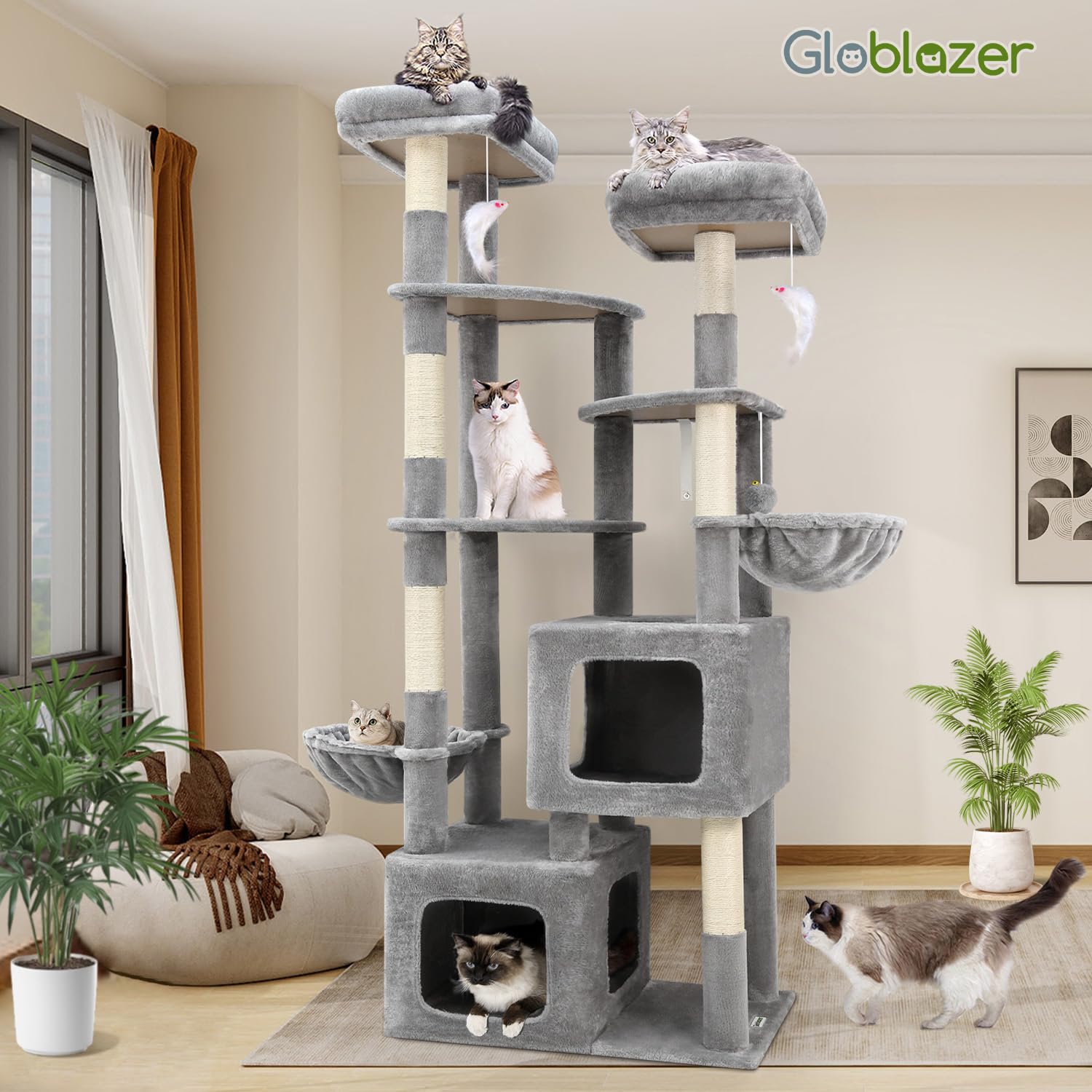 Globlazer Arbol Rascador para Gatos alto 189 cm con 2 Nidos Grande 45*40*35cm, 3 Plataforma Amplio 45*40CM, 2 Percha, 2 Cesta, Enorme Torre para Gatos Grandes Maine Coon Adultos (S74E, Gris Claro)