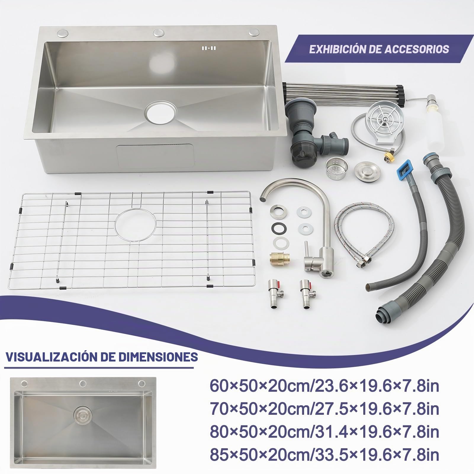 Fregadero Cocina 1 Seno 85 x 50cm,Acero Inoxidable Cepillado,Fregadero Bajo Encimera o Sobre Encimera, Gran Pila con grifo, con Sifón, Escurridor, Dispensador de jabón