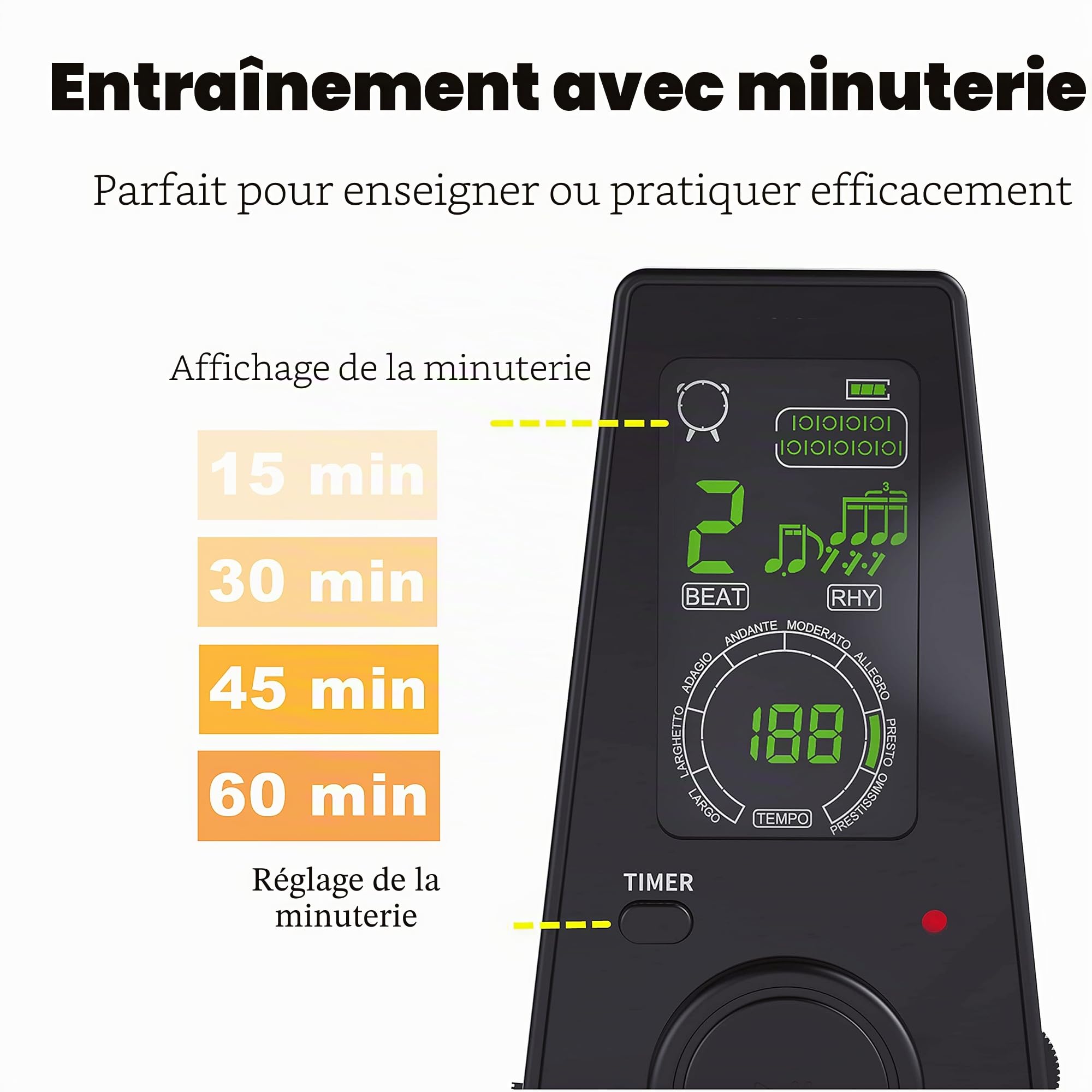 S200 AUPHY Digital Métronome pour Piano Guitare Violon Ukulélé etc,Réglage Rapide et Précis du Rythme/Beat, Affichage LED Couleur,Voix Humaine Réelle,Fonction Minuterie,Fonctionne sur Batterie.Noir