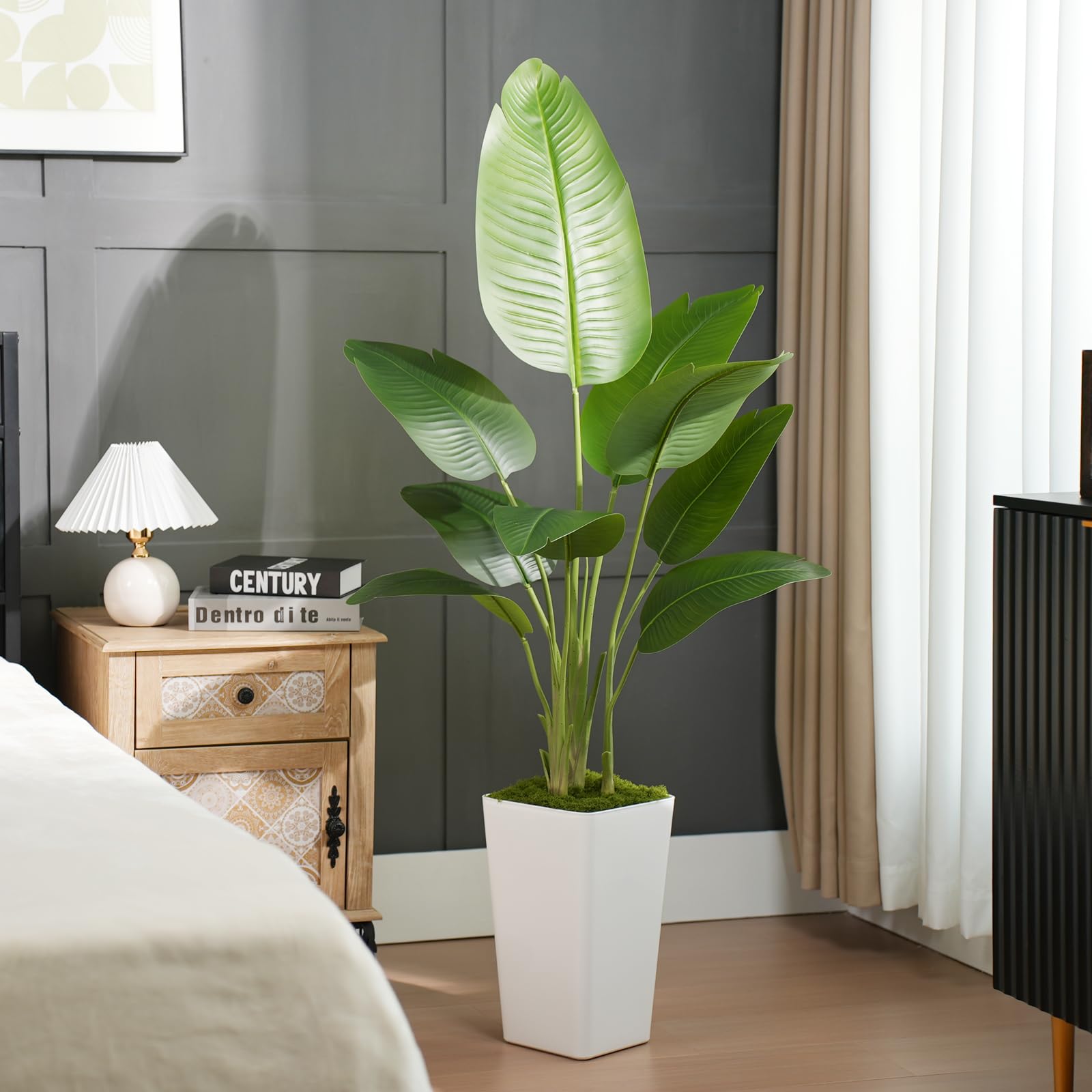 Lifelike Bird of Paradise Artificial Plant 5ft Faux Banana Leaf Tree with White Tall Planter for Home Decor - Perfect Indoor Silk Floor Plant for Living Room, Office, and Bedroom Ambiance Enhancement