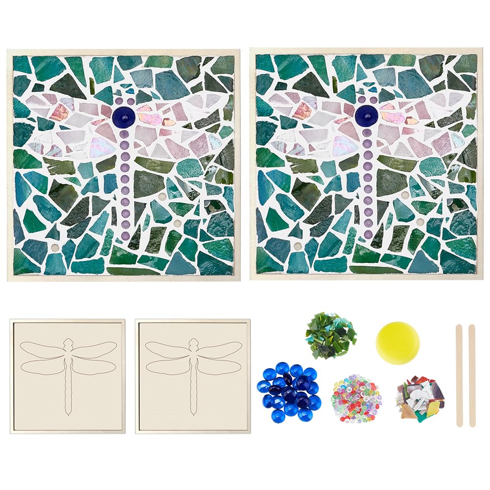 WEBEEDY 2 Set DIY Mosaic Kit Dragonfly Mosaic Coaster Creative Craft Kit DIY Craft Activity Make a Square Decoration for Home Tableware Trivet Placemat Table Decor, Grout and Glue Not Included
