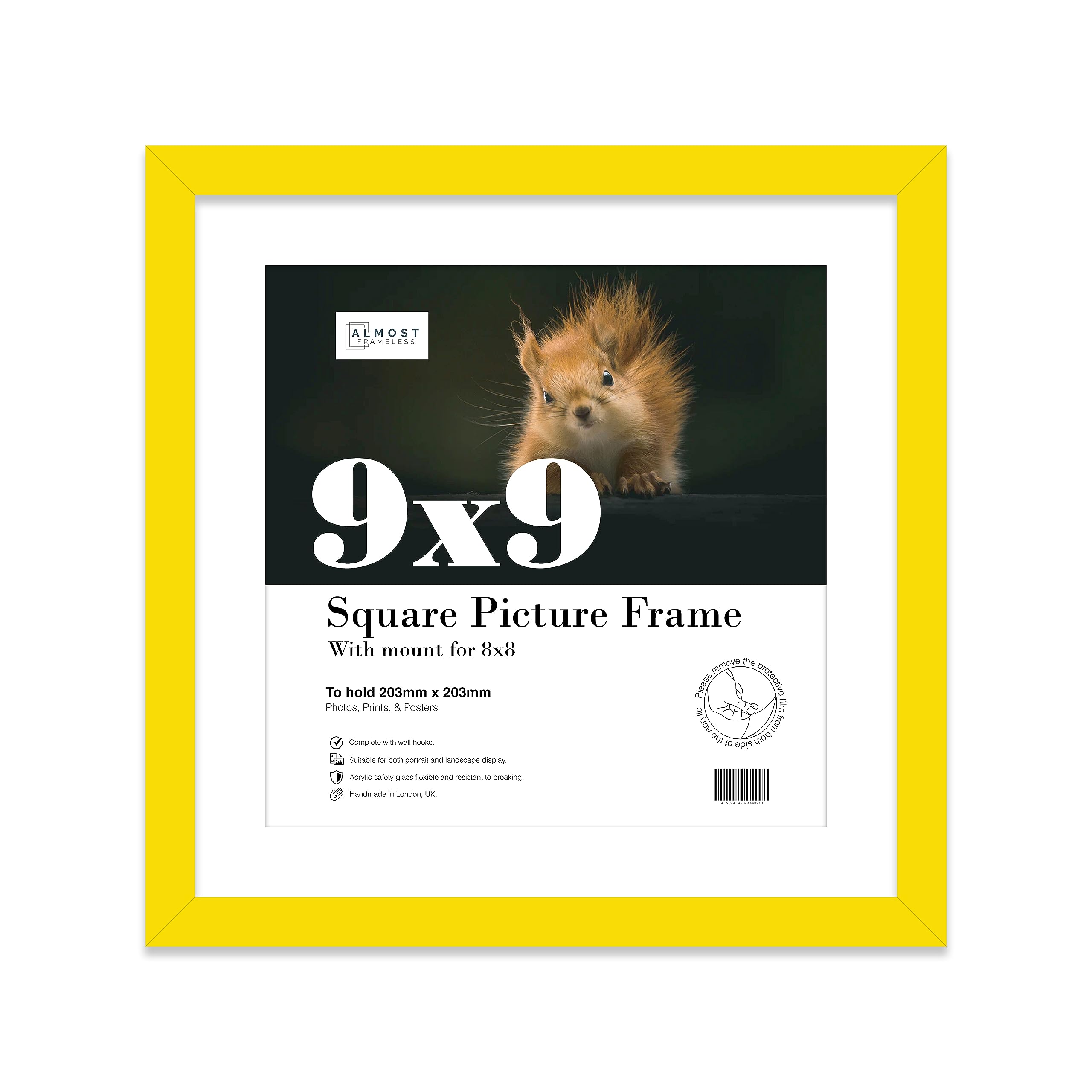 Almost Frameless 9x9 Picture Frame, Display Pictures 8x8 With Mat or 9x9 Without Mat, Wall Hanging & Free Standing Photo Frame, Yellow, 1 Pack