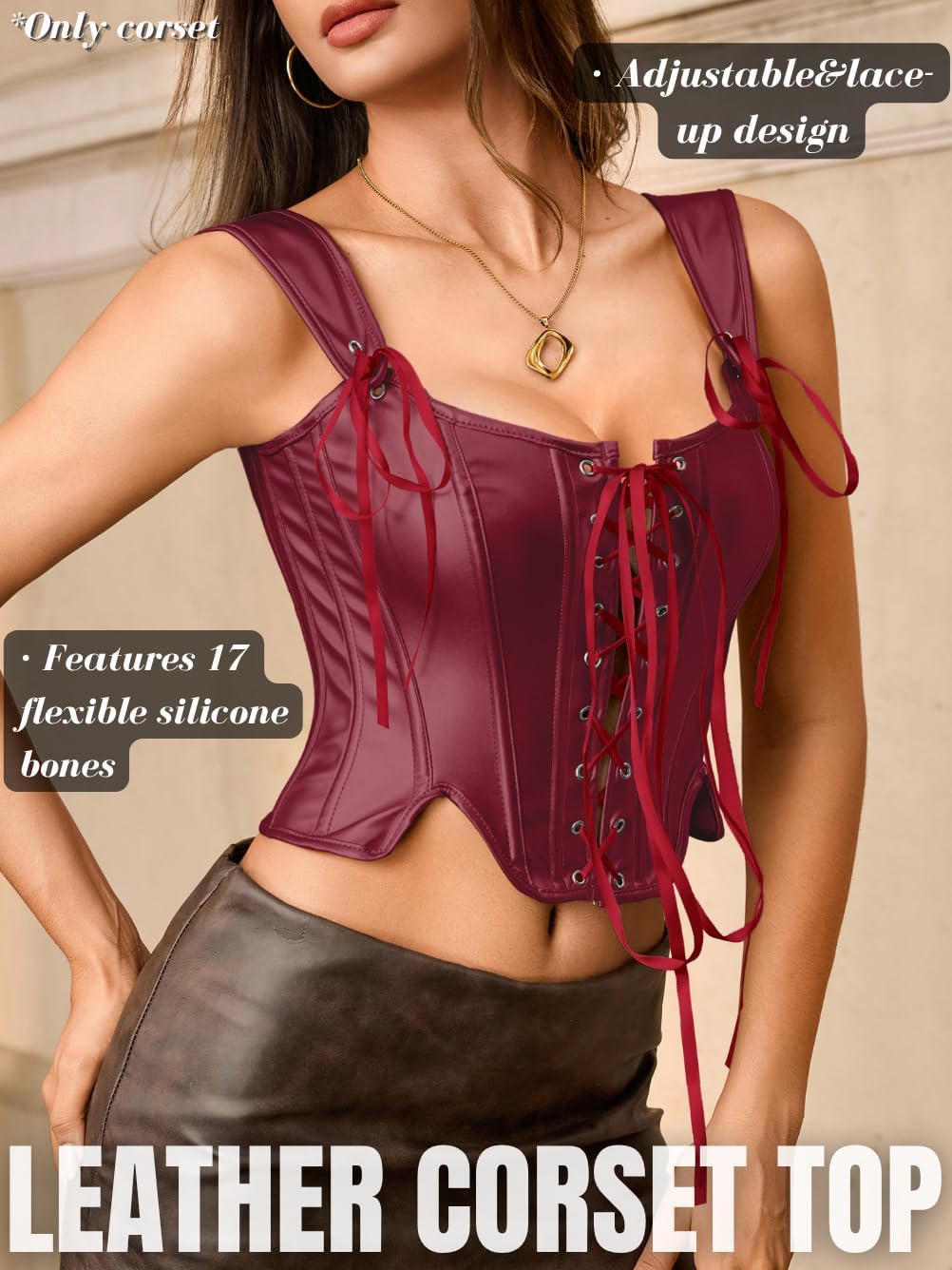 ChiaoLezhee Women's Crop Asymmetrical Hem Leather Tie‑Up Straps Corset Top