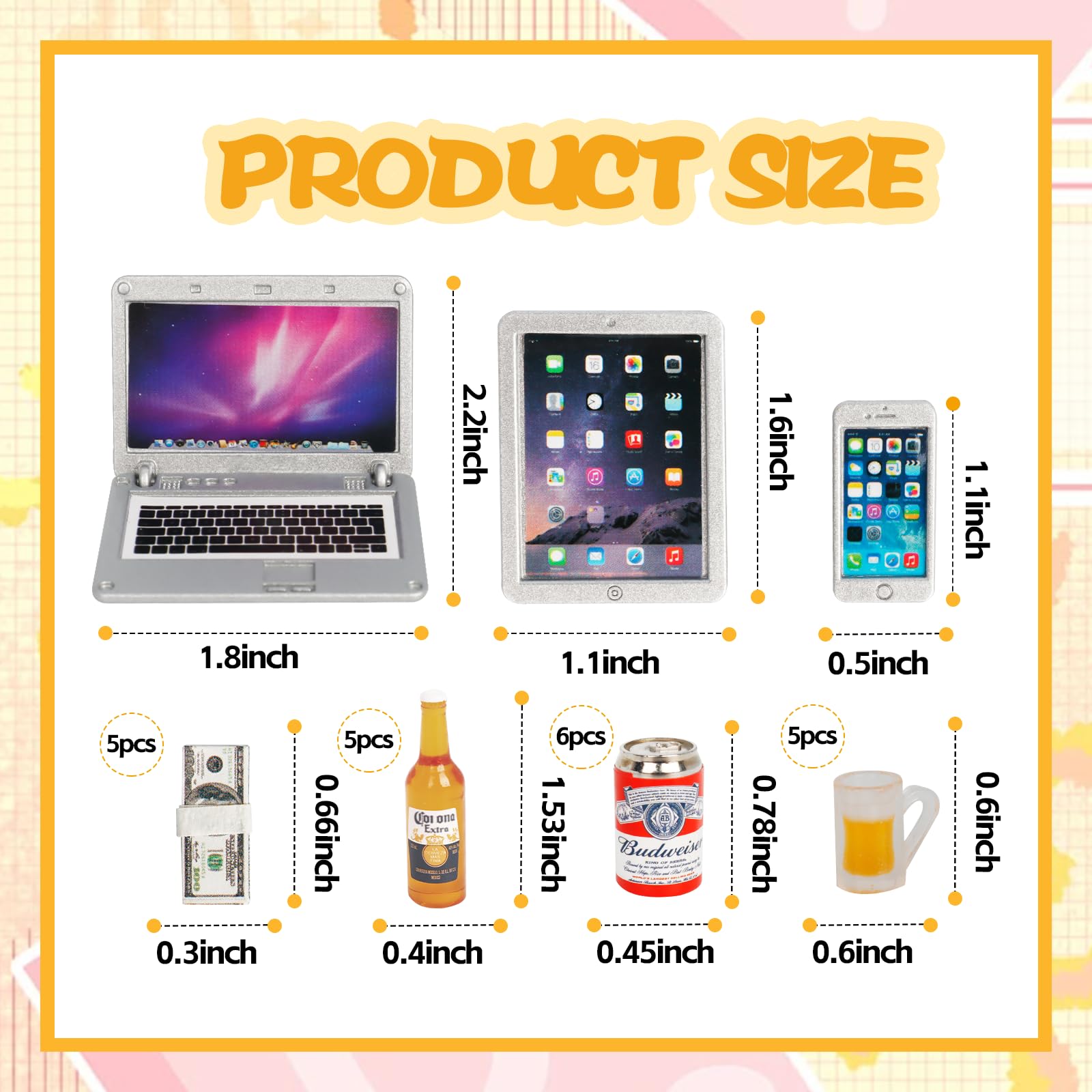 Juego de 24 mini botellas de cerveza, a escala 1:12, latas de cerveza en miniatura de vidrio, mini tableta, teléfono inteligente, juego de billetes de dólar, modelo de escena en miniatura para 2