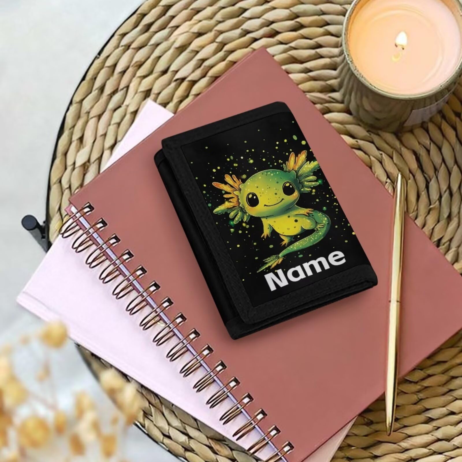 Rshubino Axolotl Custom Leather Wallet for Boys Personalized Trifold Wallet for Kids RFID Blocking Wallet with Card Holders Coins Purse with Hook and Loop for Daily Use