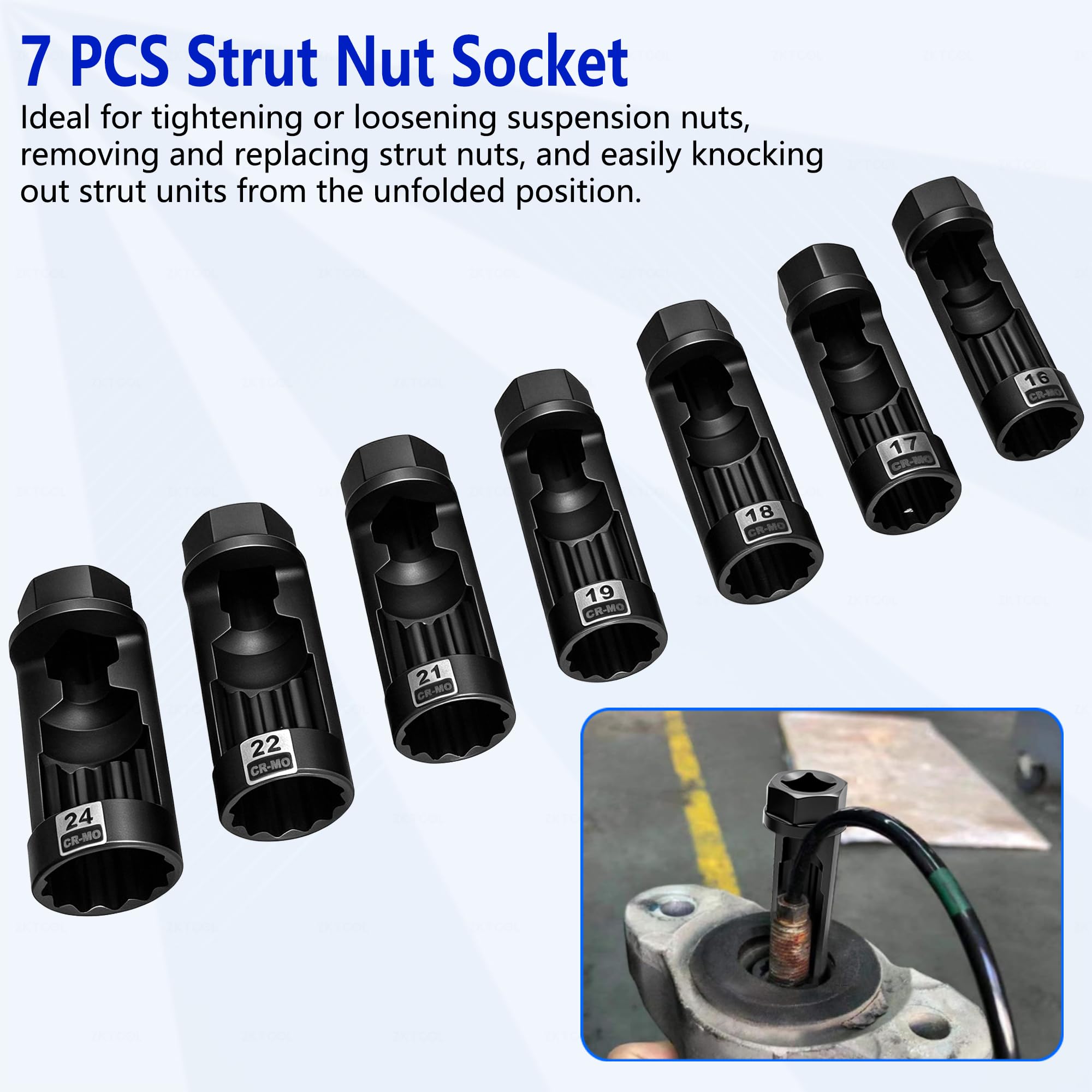 ZKTOOL 11-teiliges Stehbolzen-Nuss-Set für Federungsdämpfer, Größe 16mm, 17mm,18mm, 19mm, 21mm, 22mm, 24mm, mit 12 Punkten, 1/2"-Antrieb, Federungsdämpfer-Spreiznuss, Stoßdämpfer-Entfernungs-Werkzeug