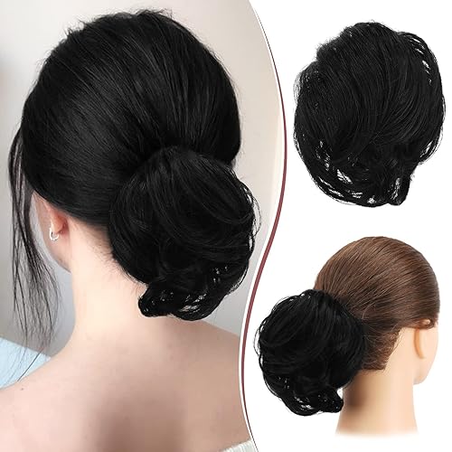 RUWISS Extensiones de cabello humano largo y lacio despeinado 100% real, rizado, corto, elegante, extensiones de moño de cabello casual, estilo cola